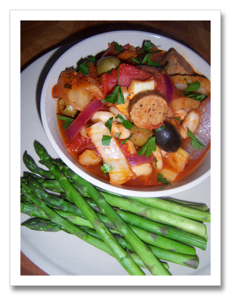 Mediterranean Bean and Vegetarian Sausage Stew