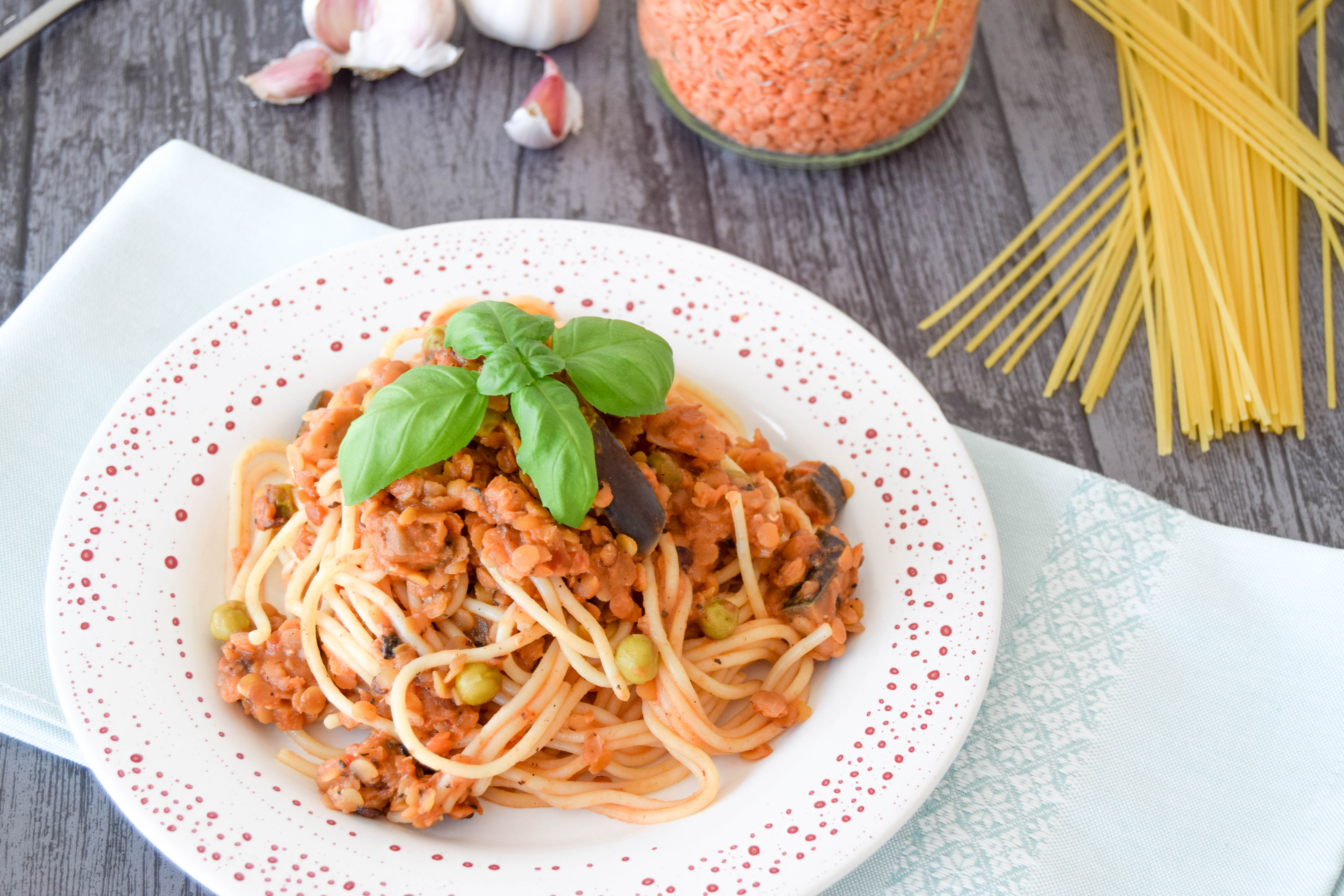 Lentil Bolognese With Peas & Aubergine