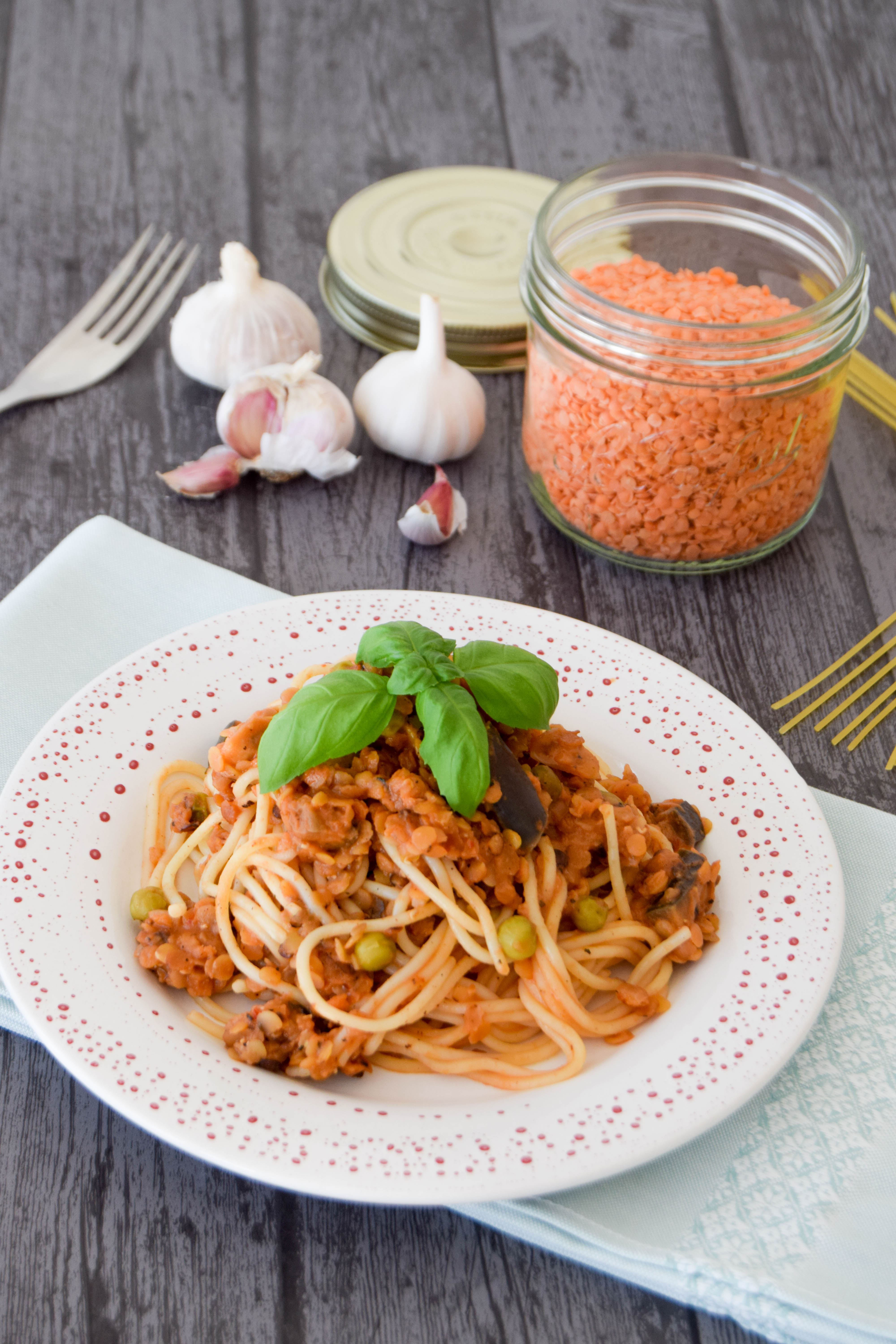 Lentil Bolognese With Aubergine & Peas 6