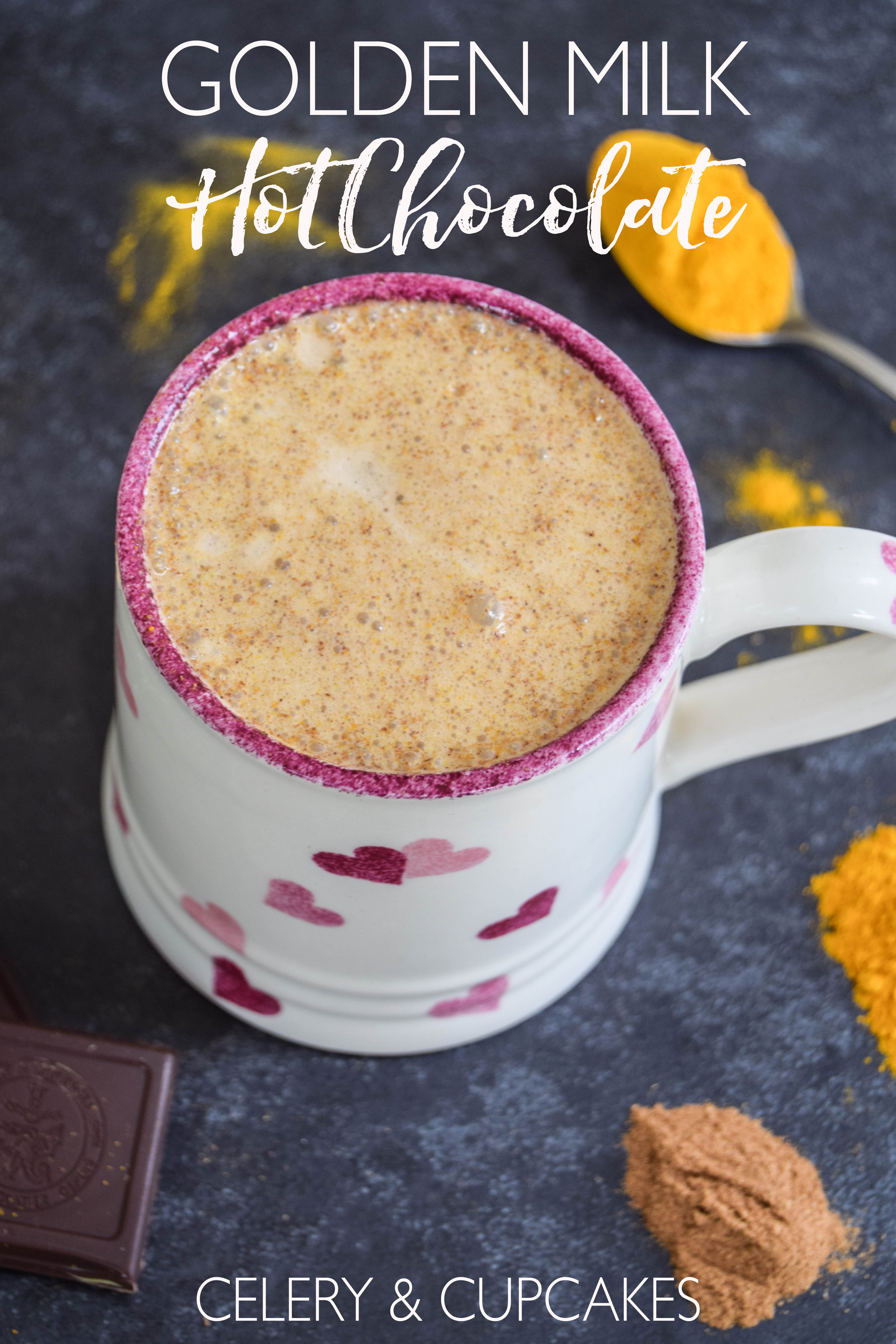 A comforting vegan golden milk hot chocolate made with turmeric and cinnamon - the perfect way to get some hygge into your life!