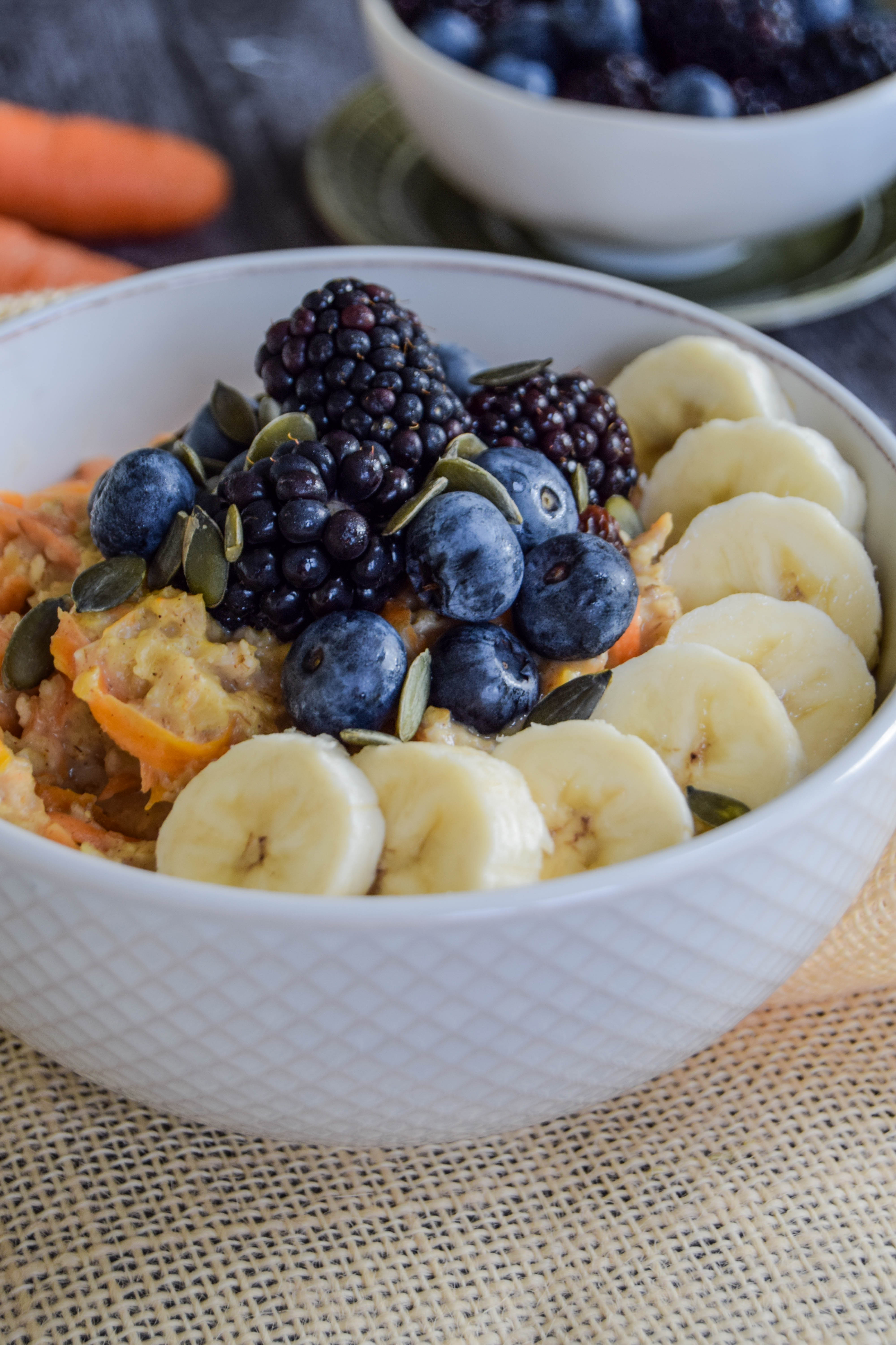 Dessert for breakfast? Full of autumn flavour with the extra nutrition from the grated carrot this bowl of porridge is a wonderful start the day. Dessert for breakfast? Full of autumn flavour with the extra nutrition from the grated carrot this bowl of porridge is a wonderful start the day.