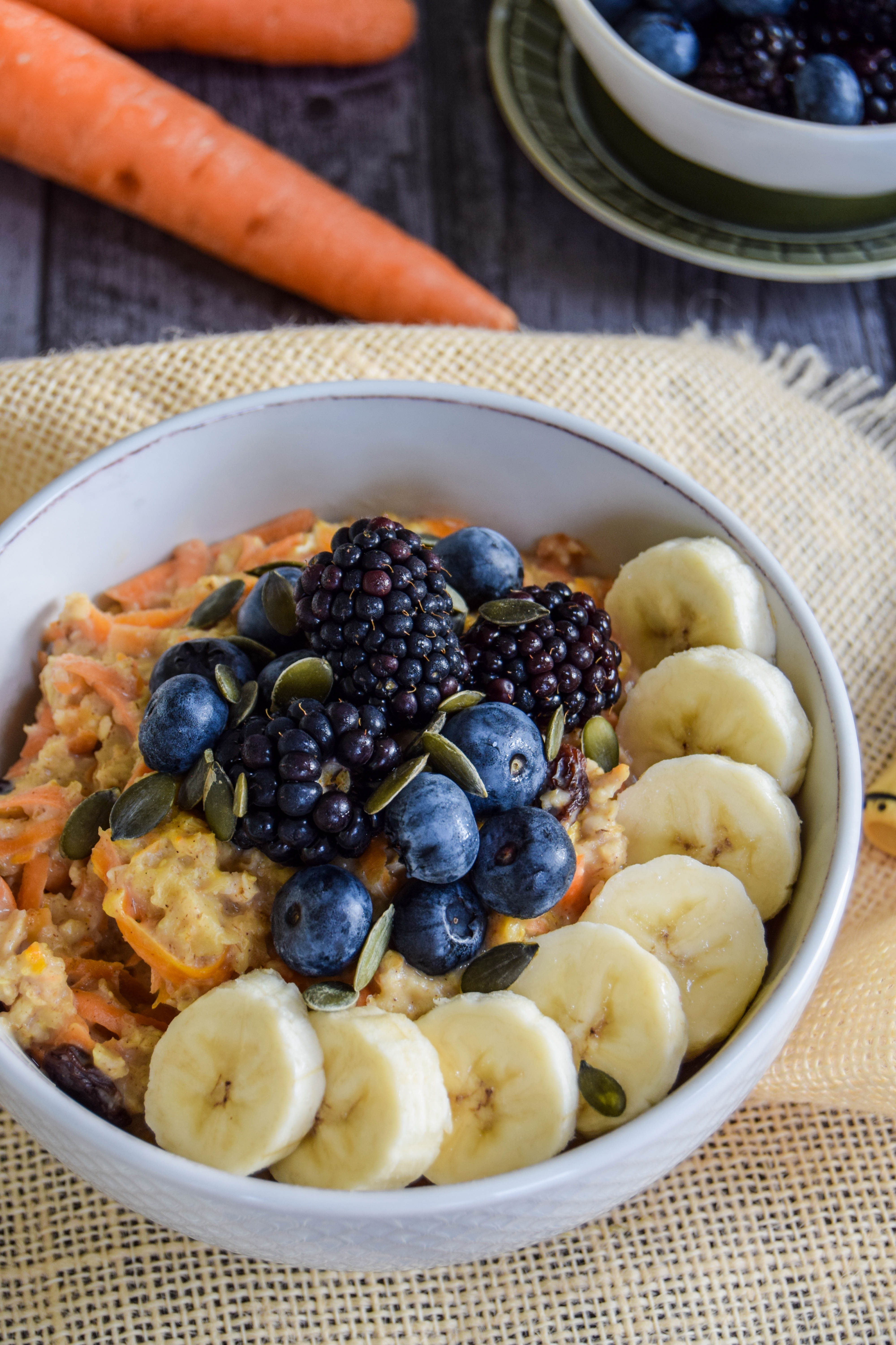 Dessert for breakfast? Full of autumn flavour with the extra nutrition from the grated carrot this bowl of porridge is a wonderful start the day.