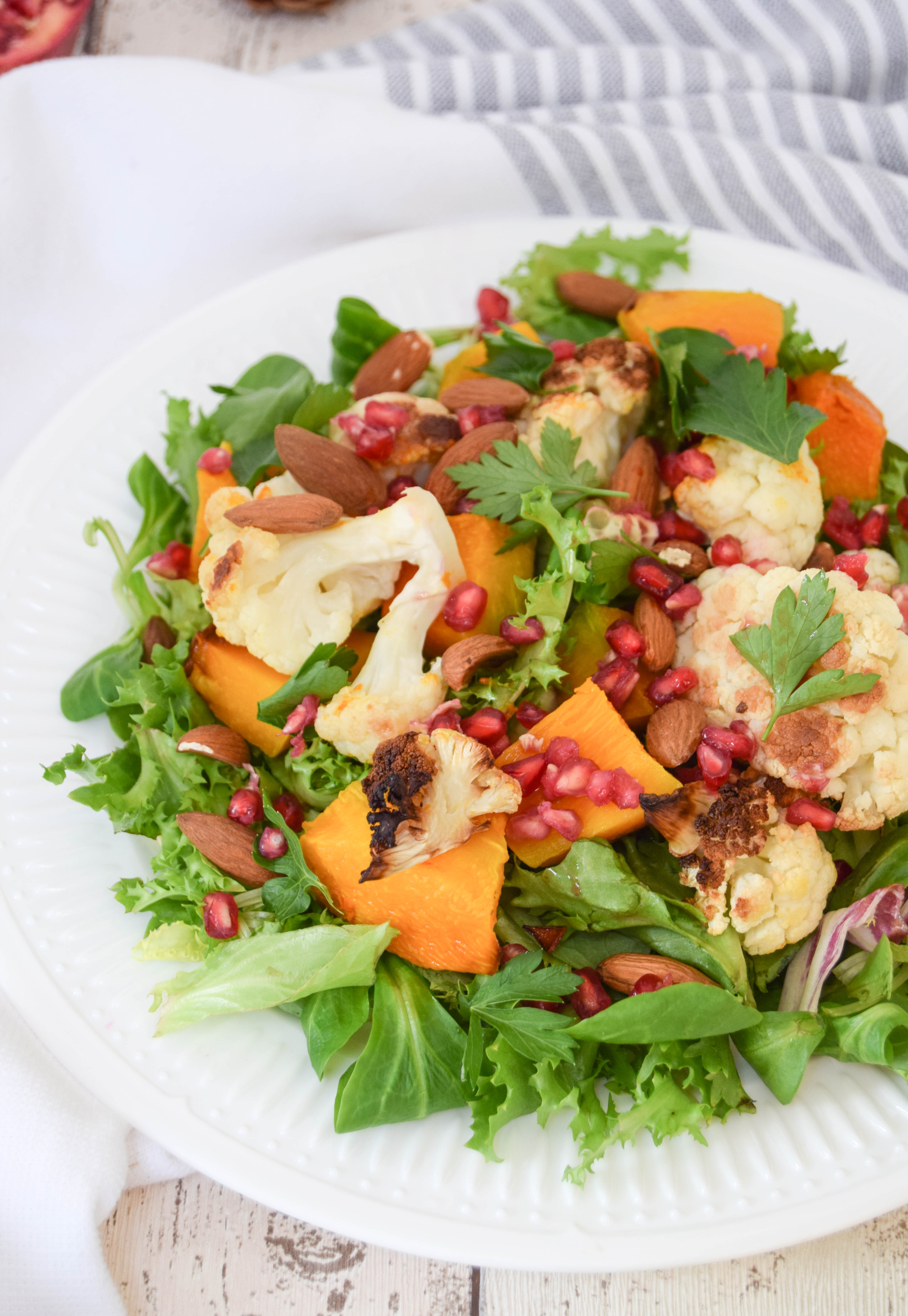 A satisfying and hearty celebration of autumn in salad form. A great one to store in the fridge for make ahead week day lunches.