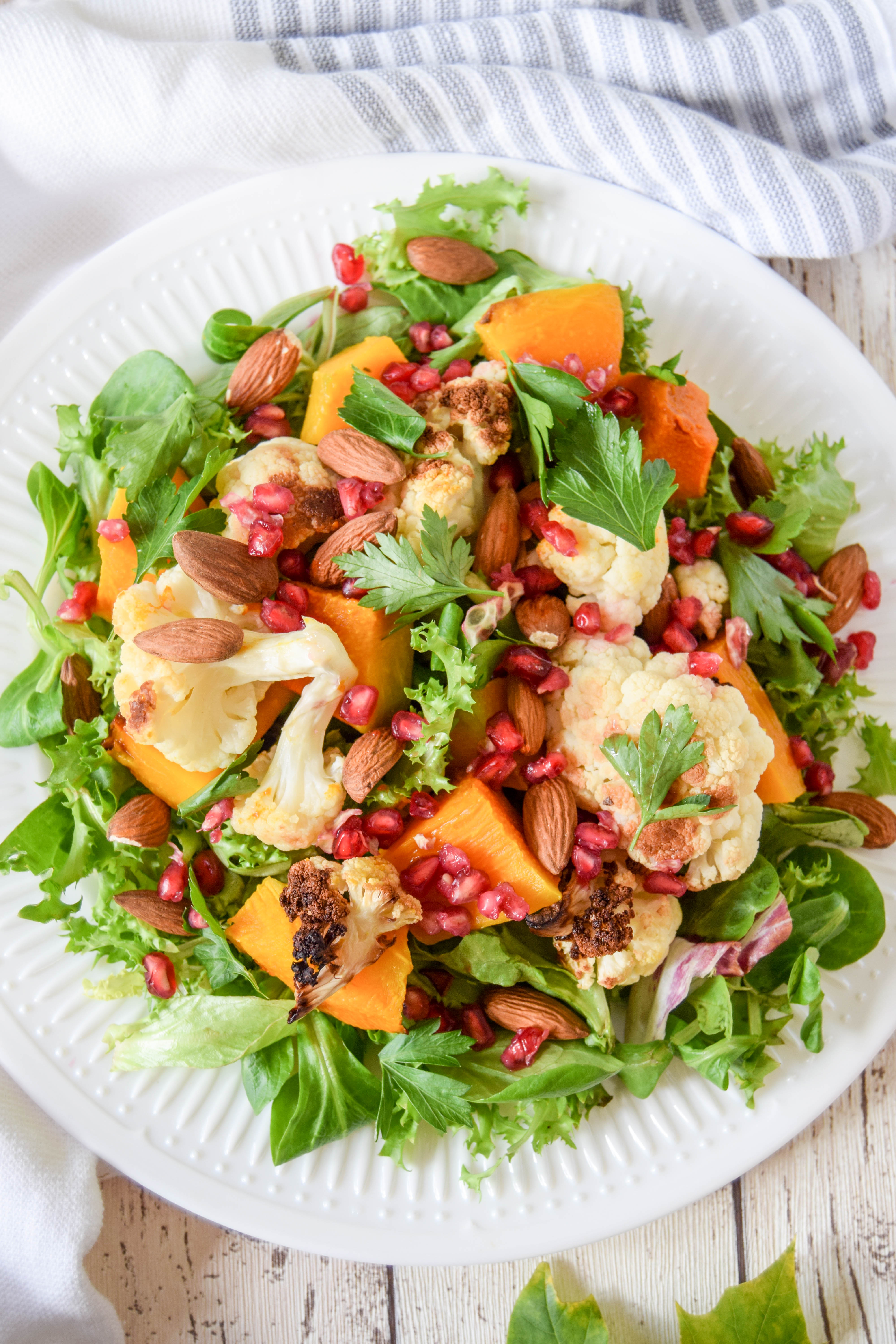 A satisfying and hearty celebration of autumn in salad form. A great one to store in the fridge for make ahead week day lunches.