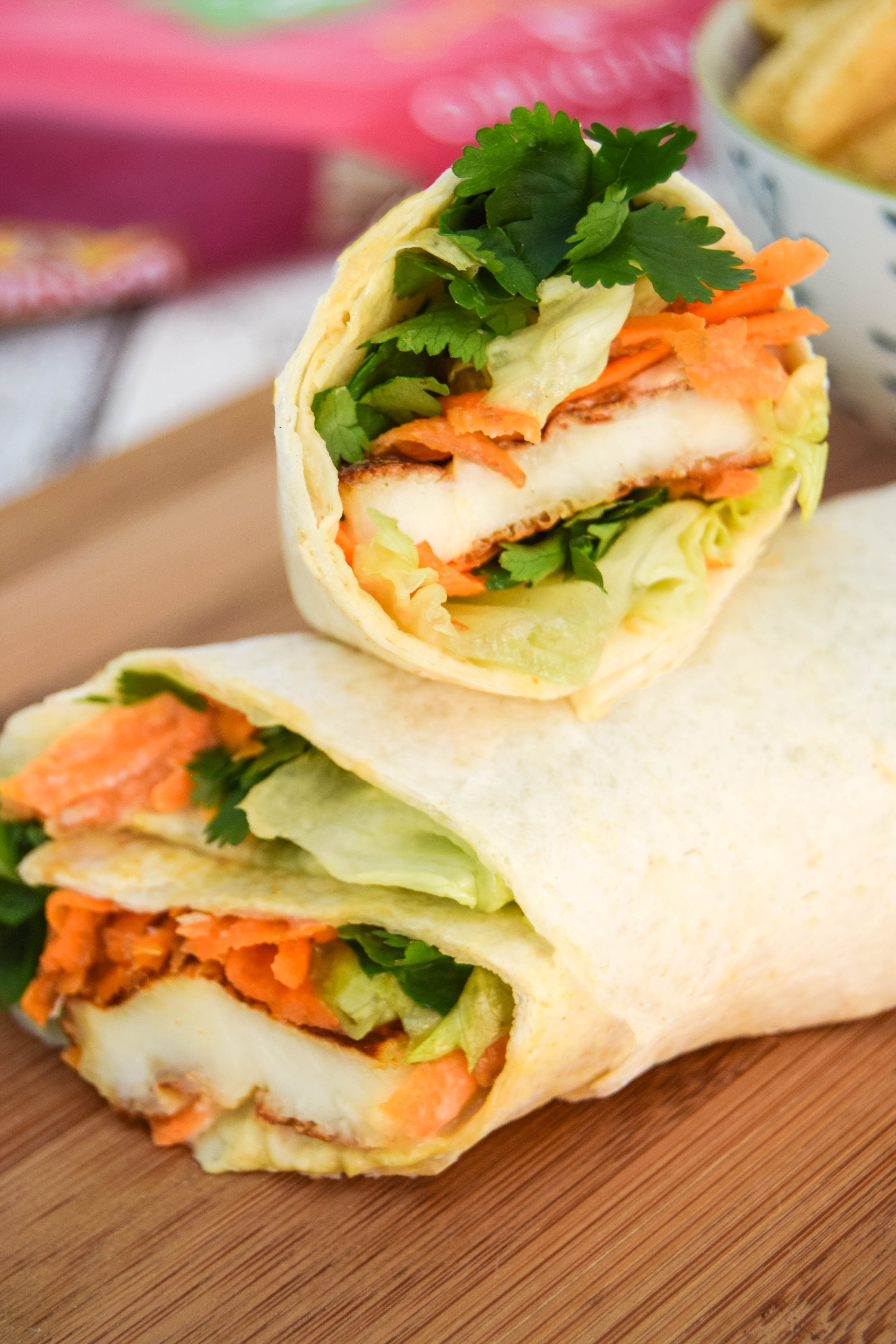 Halloumi cheese, grated carrot and hummus with sweet chilli sauce make a delicious lunch time treat.
