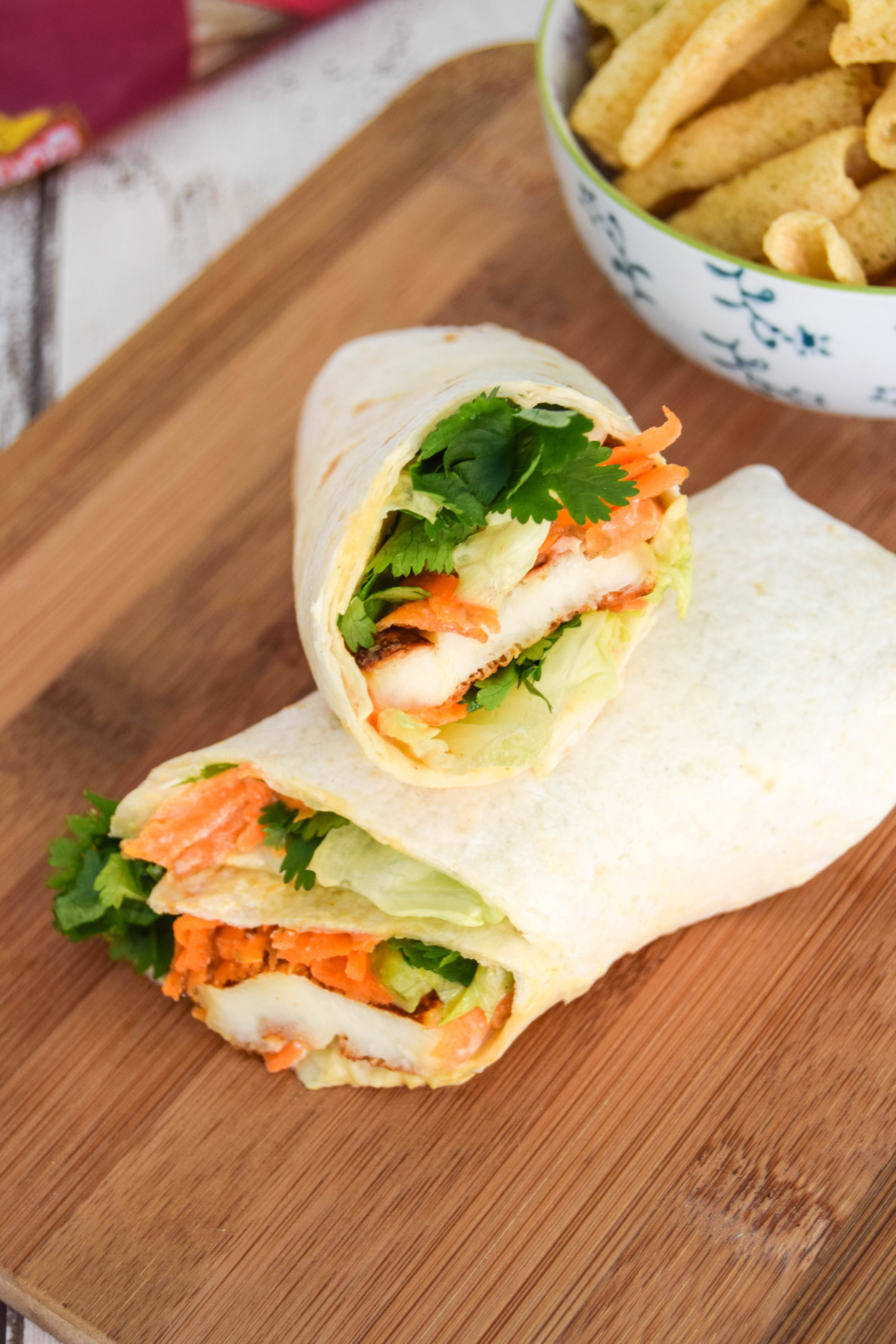 Halloumi cheese, grated carrot and hummus with sweet chilli sauce make a delicious lunch time treat.