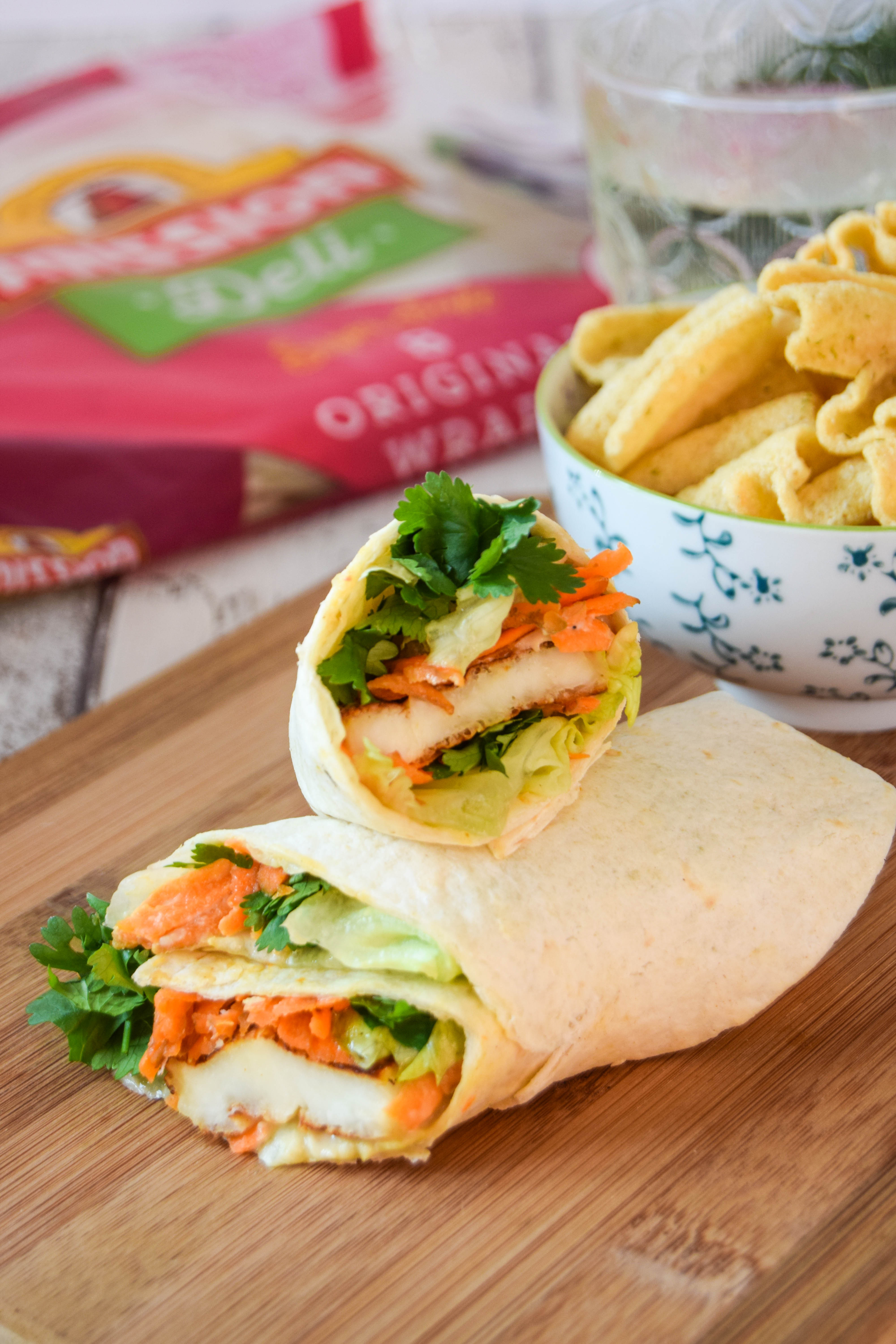 Halloumi cheese, grated carrot and hummus with sweet chilli sauce make a delicious lunch time treat.