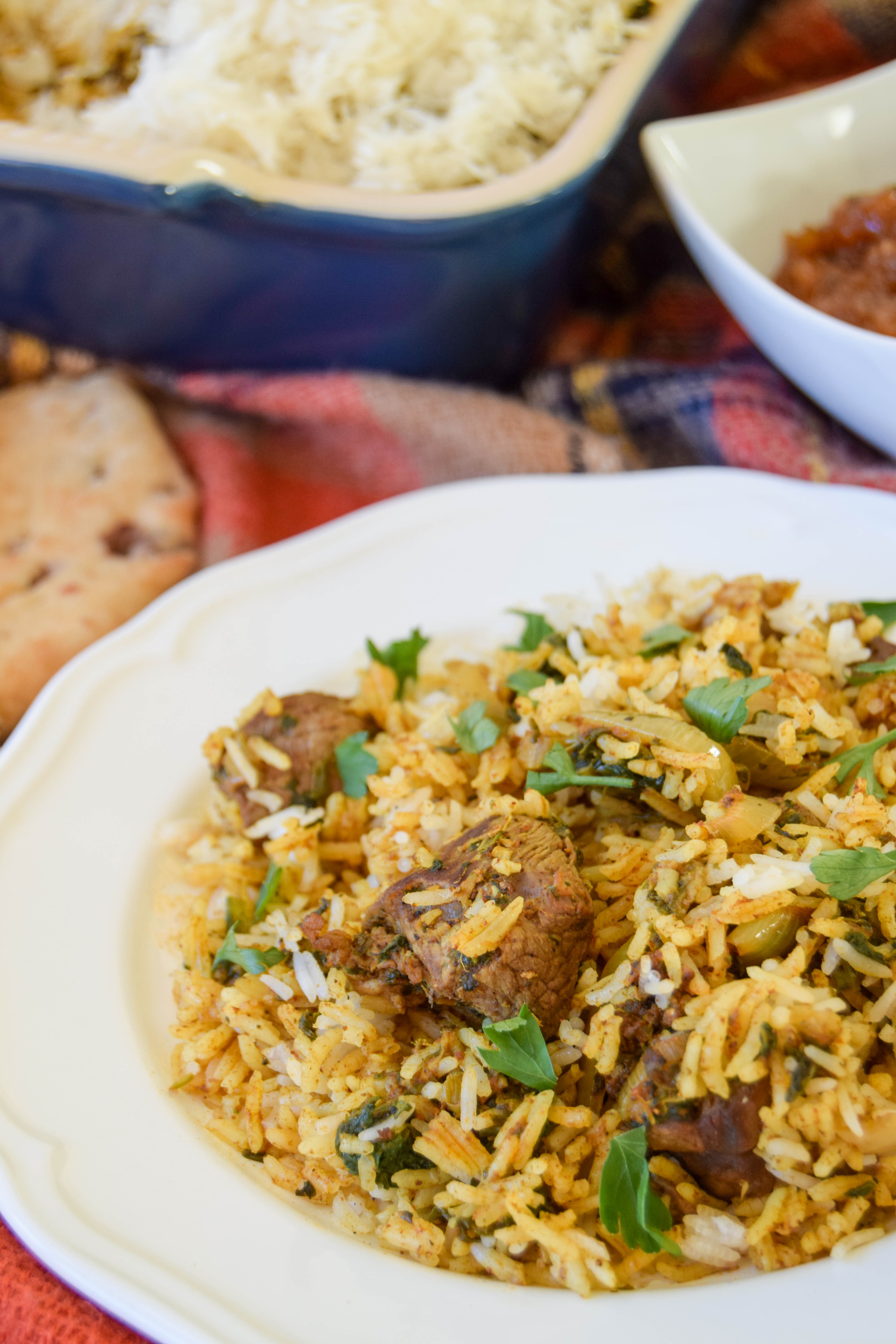 A baked casserole of basmati rice and tender lamb that’s flavoured with a fragrant Indian curry paste is great teamed up with lots of tasty side dishes. 