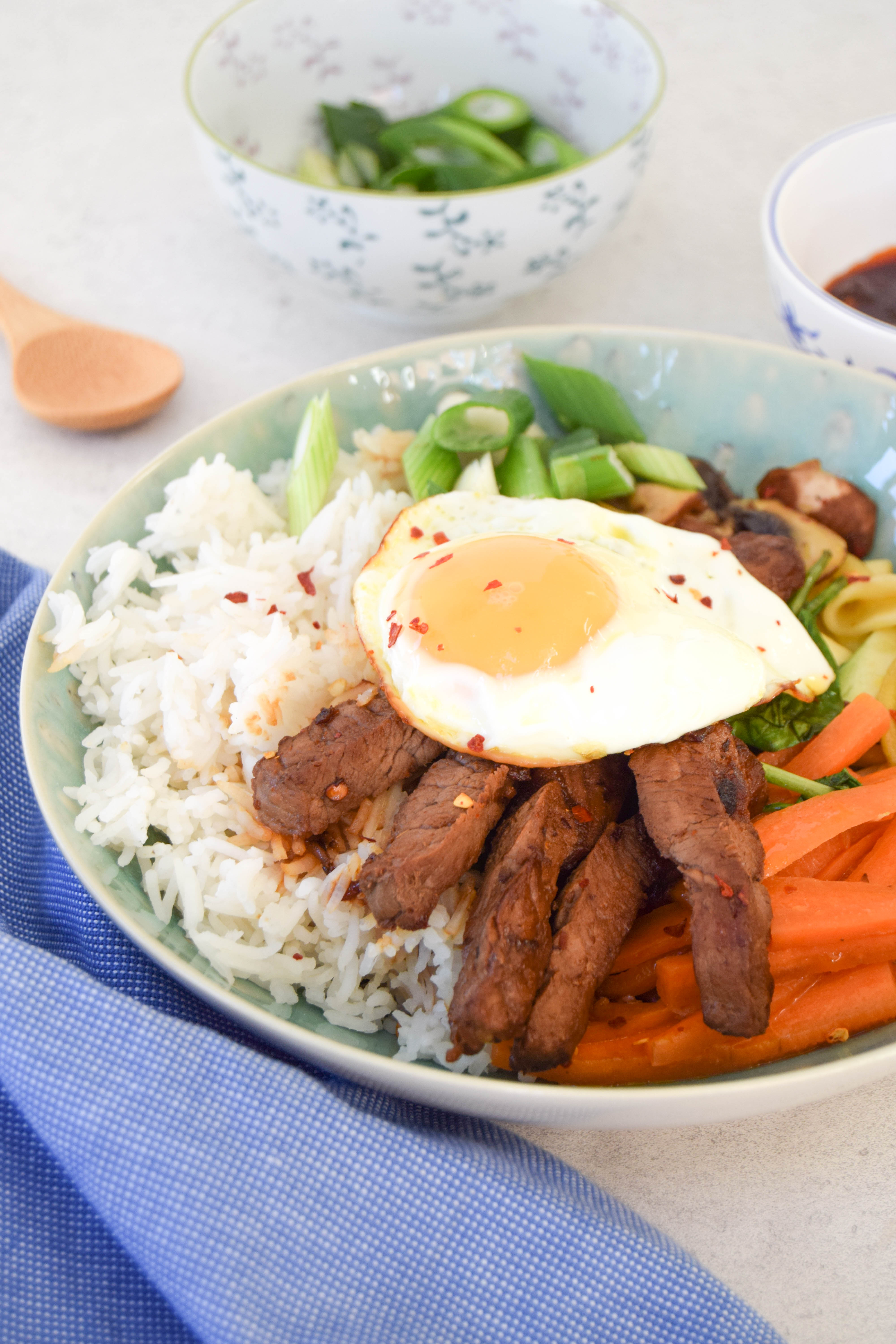 A popular Korean dish with lots of beautiful vegetables and protein.