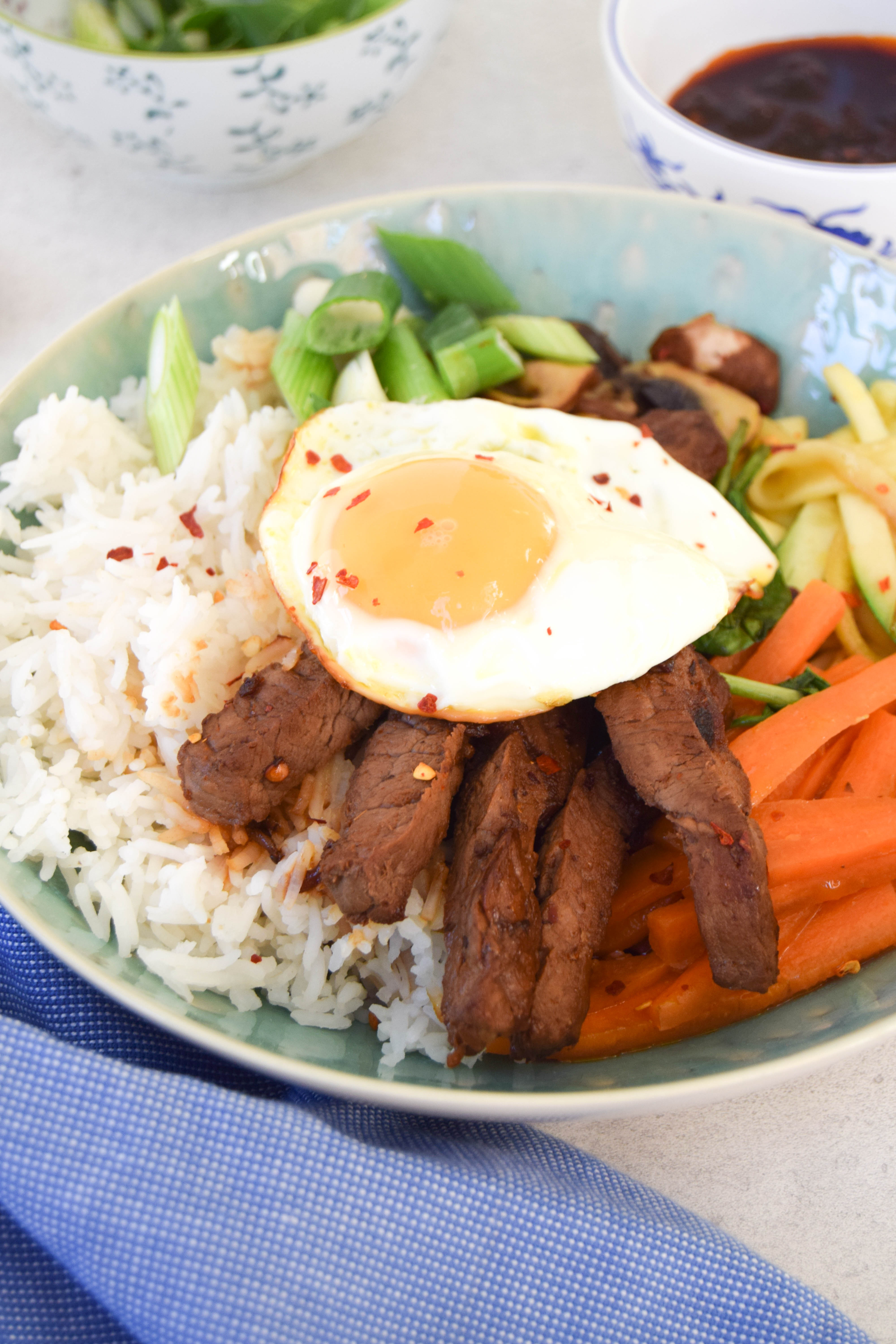 A popular Korean dish with lots of beautiful vegetables and protein.