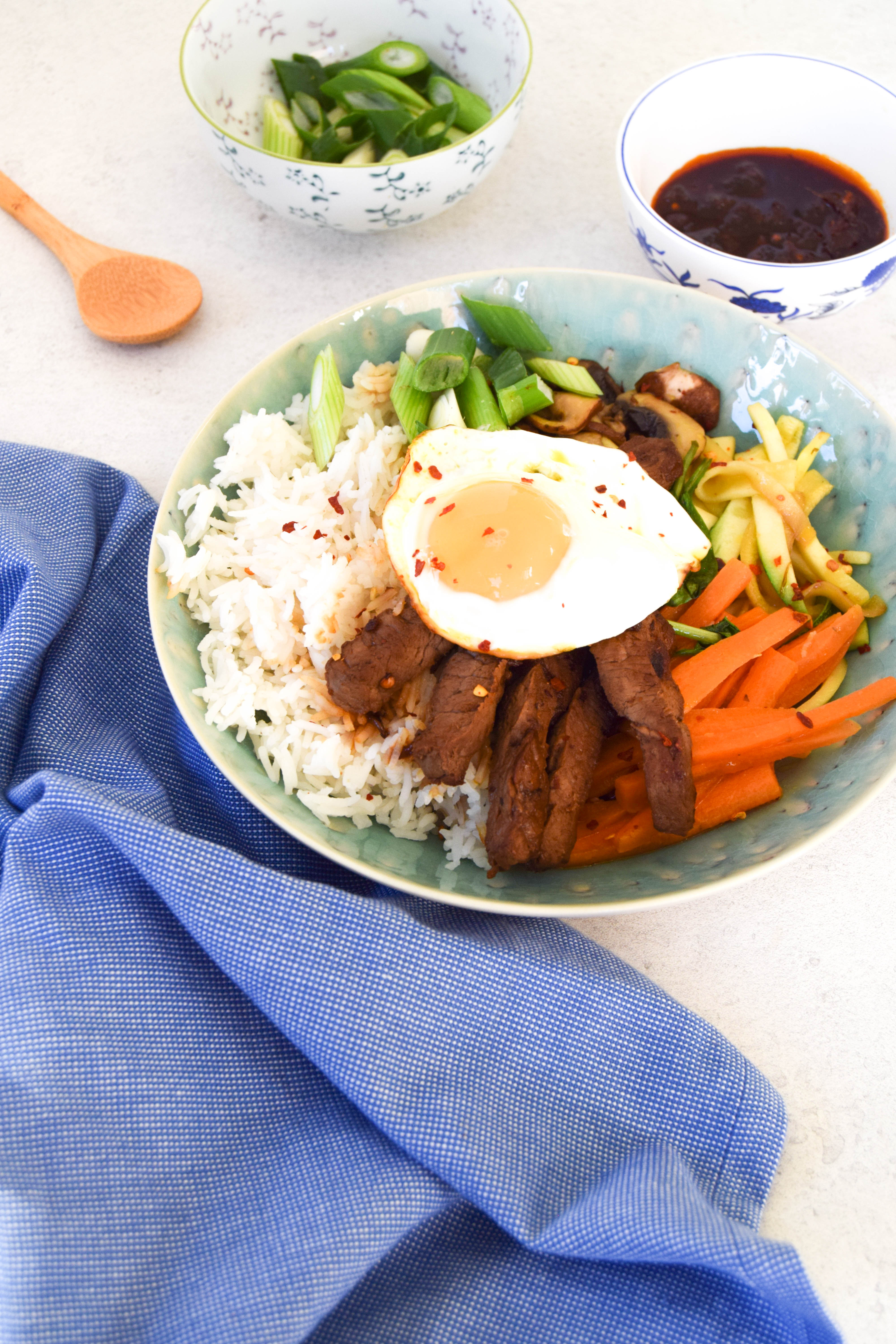 A popular Korean dish with lots of beautiful vegetables and protein.