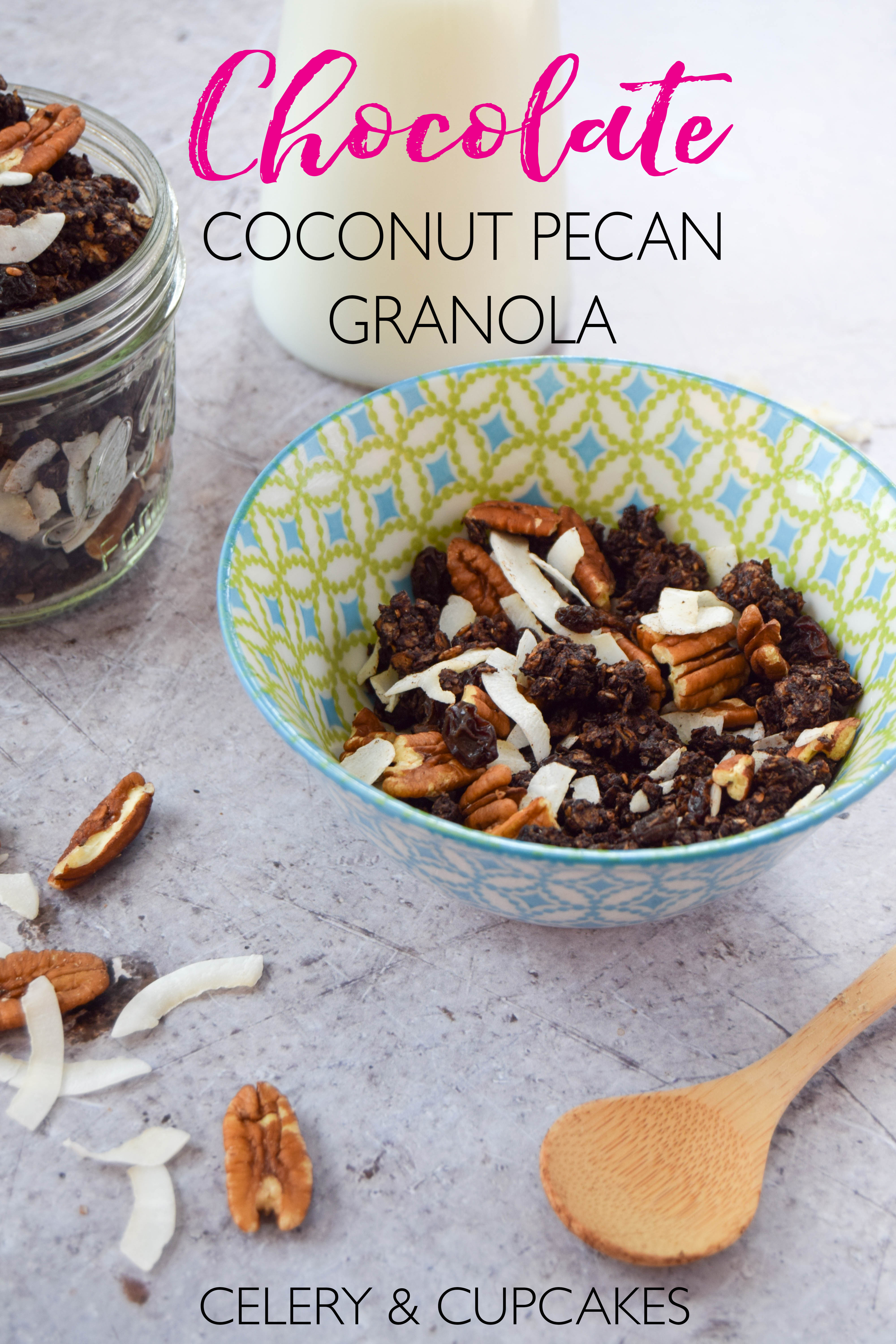 Chocolate for breakfast? Yes please! Get your morning chocolate fix with this healthier chocolate granola recipe with coconut and pecans.