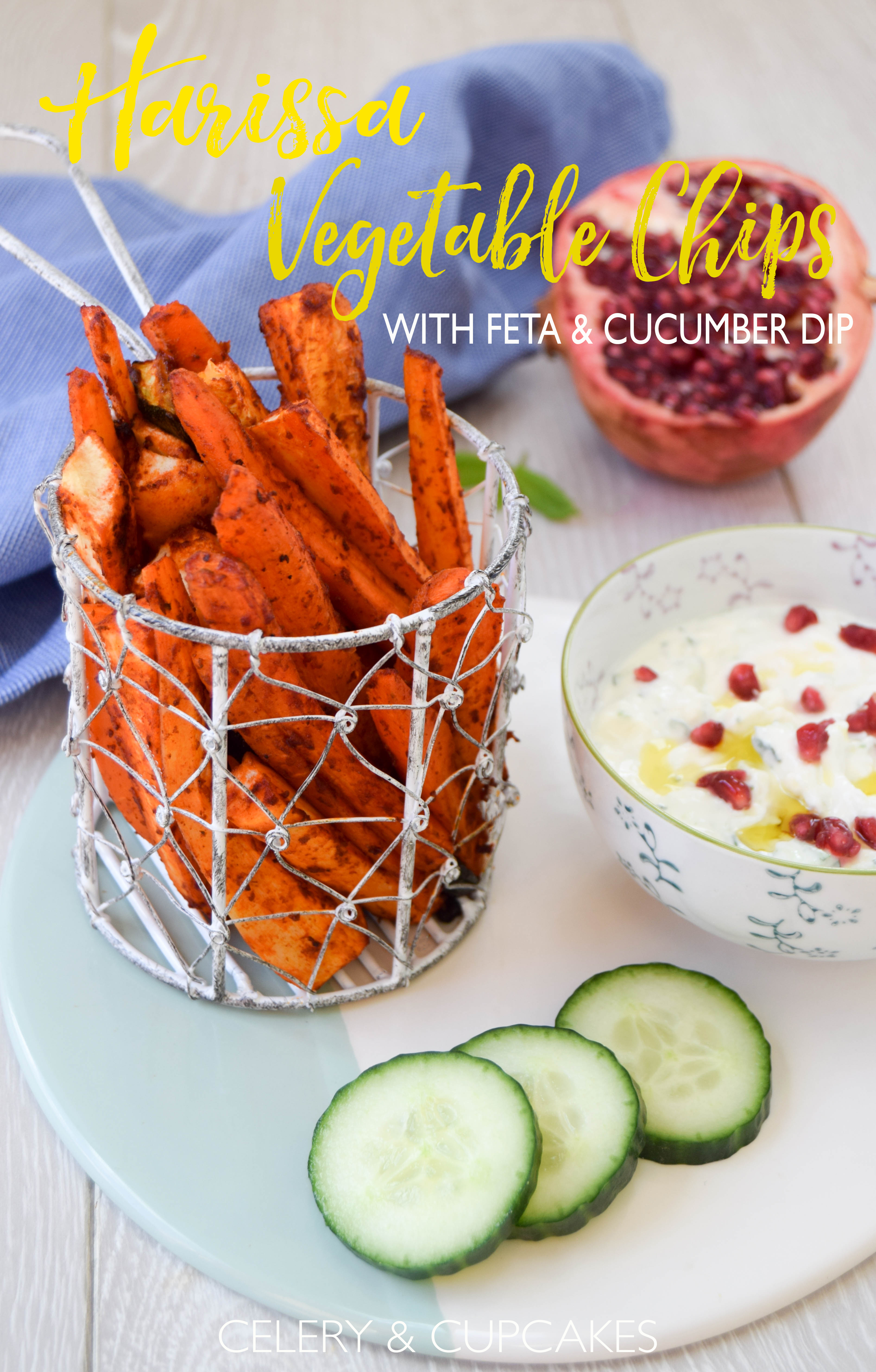 Vegetable chips coated with harissa and served with a cooling homemade feta and cucumber dip made using quark are super addictive and couldn't be easier to make than regular oven chips.