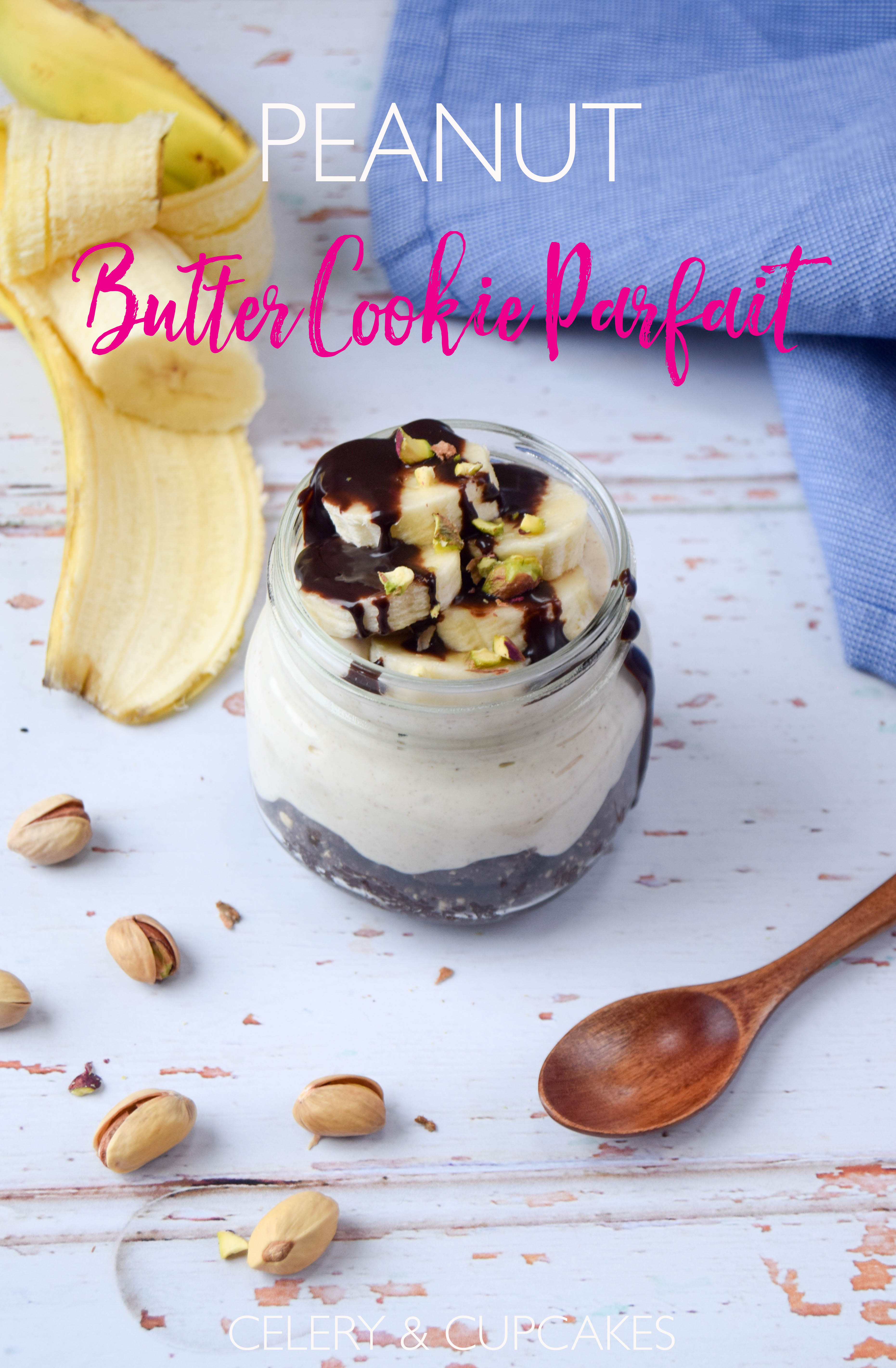 A healthier parfait dessert, made with a chocolate cookie base, creamy peanut butter filling and topped with chopped banana.