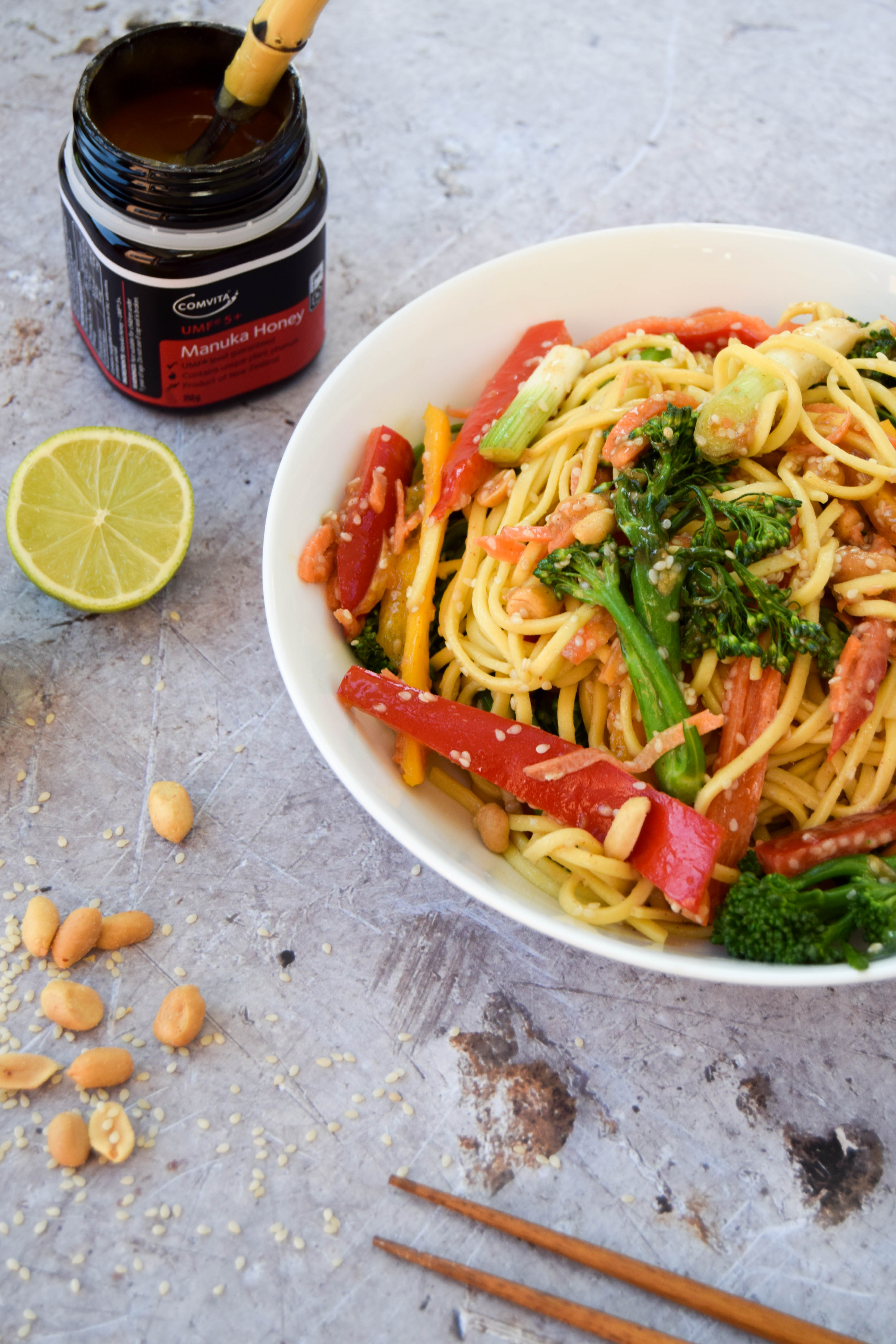 A satisfying and nourishing noodle salad idea dressed with a creamy peanut butter and sesame sauce - it's full of flavour and super speedy to make too! A satisfying and nourishing noodle salad idea dressed with a creamy peanut butter and sesame sauce - it's full of flavour and super speedy to make too!