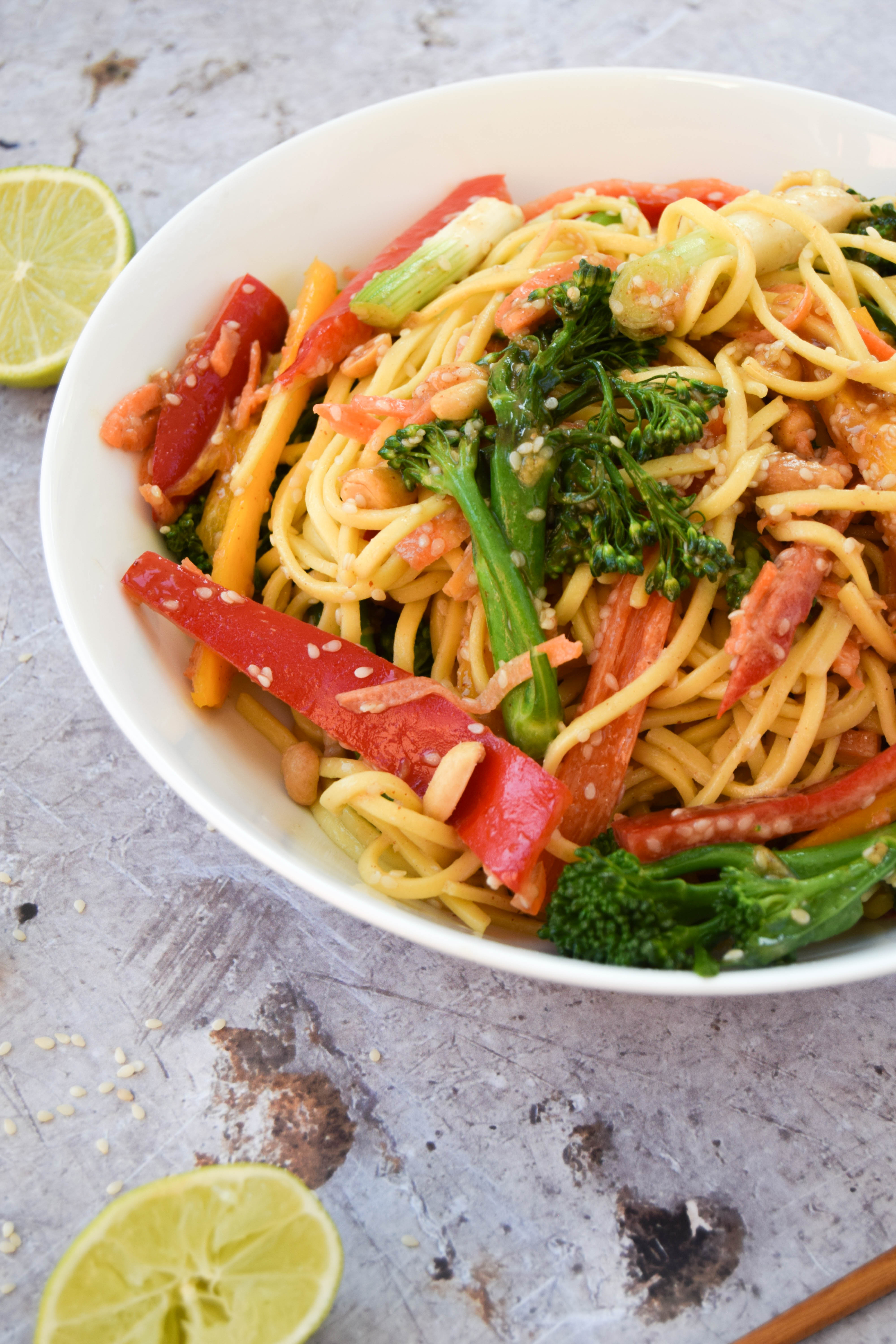 A satisfying and nourishing noodle salad idea dressed with a creamy peanut butter and sesame sauce - it's full of flavour and super speedy to make too! A satisfying and nourishing noodle salad idea dressed with a creamy peanut butter and sesame sauce - it's full of flavour and super speedy to make too!