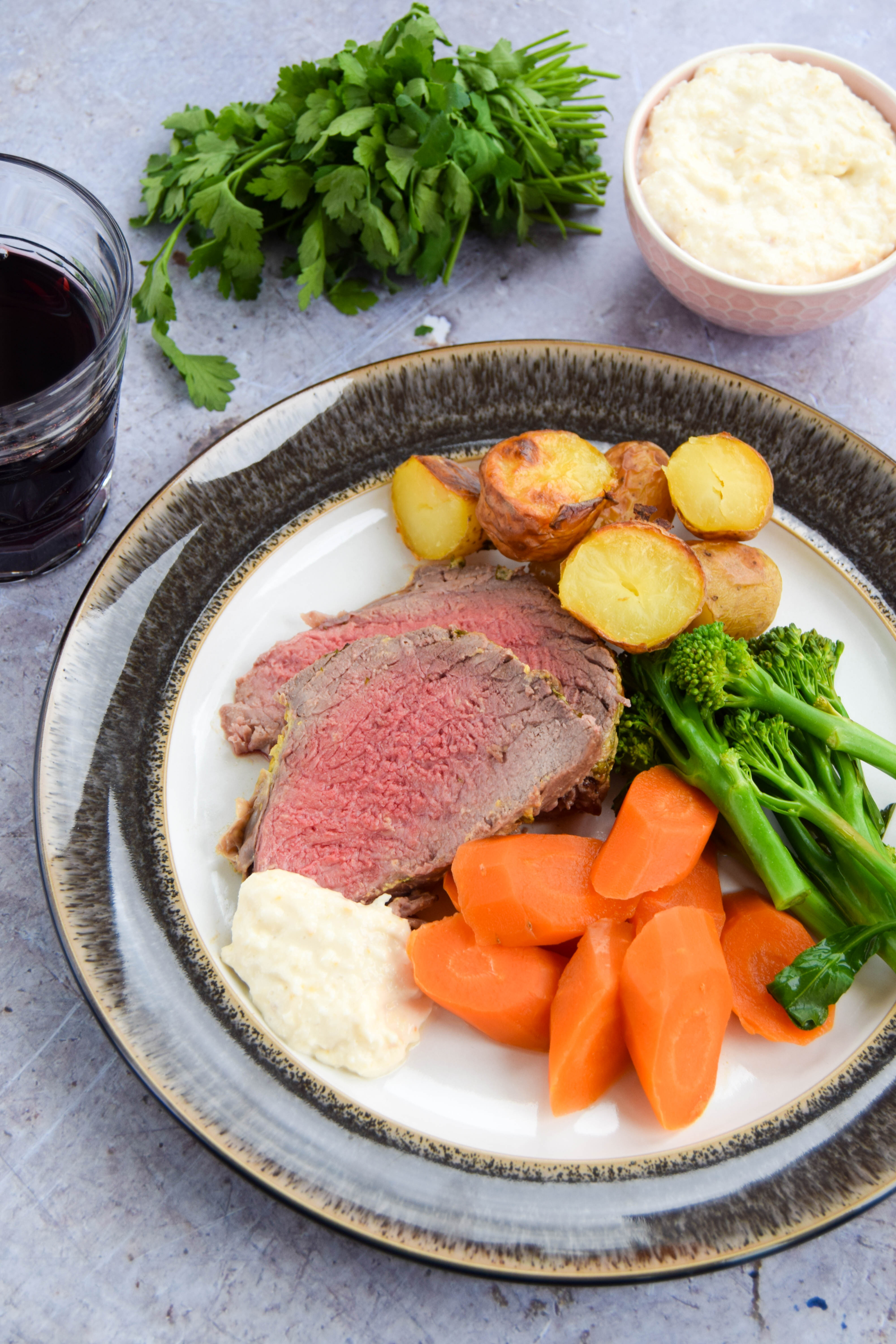 A beef mini roast coated in mustard butter and served with delicious seasonal vegetables. 