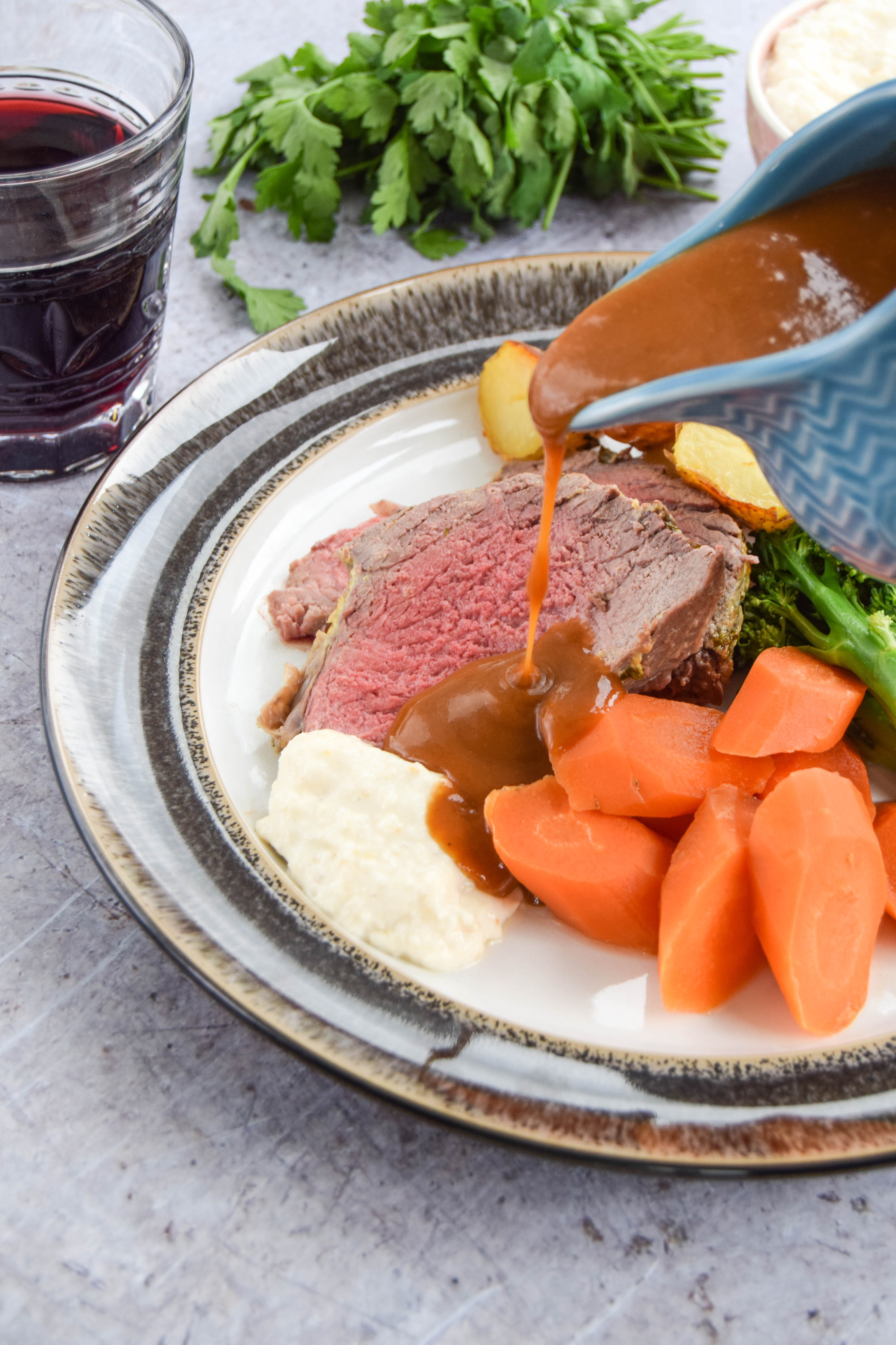 A beef mini roast coated in mustard butter and served with delicious seasonal vegetables. 
