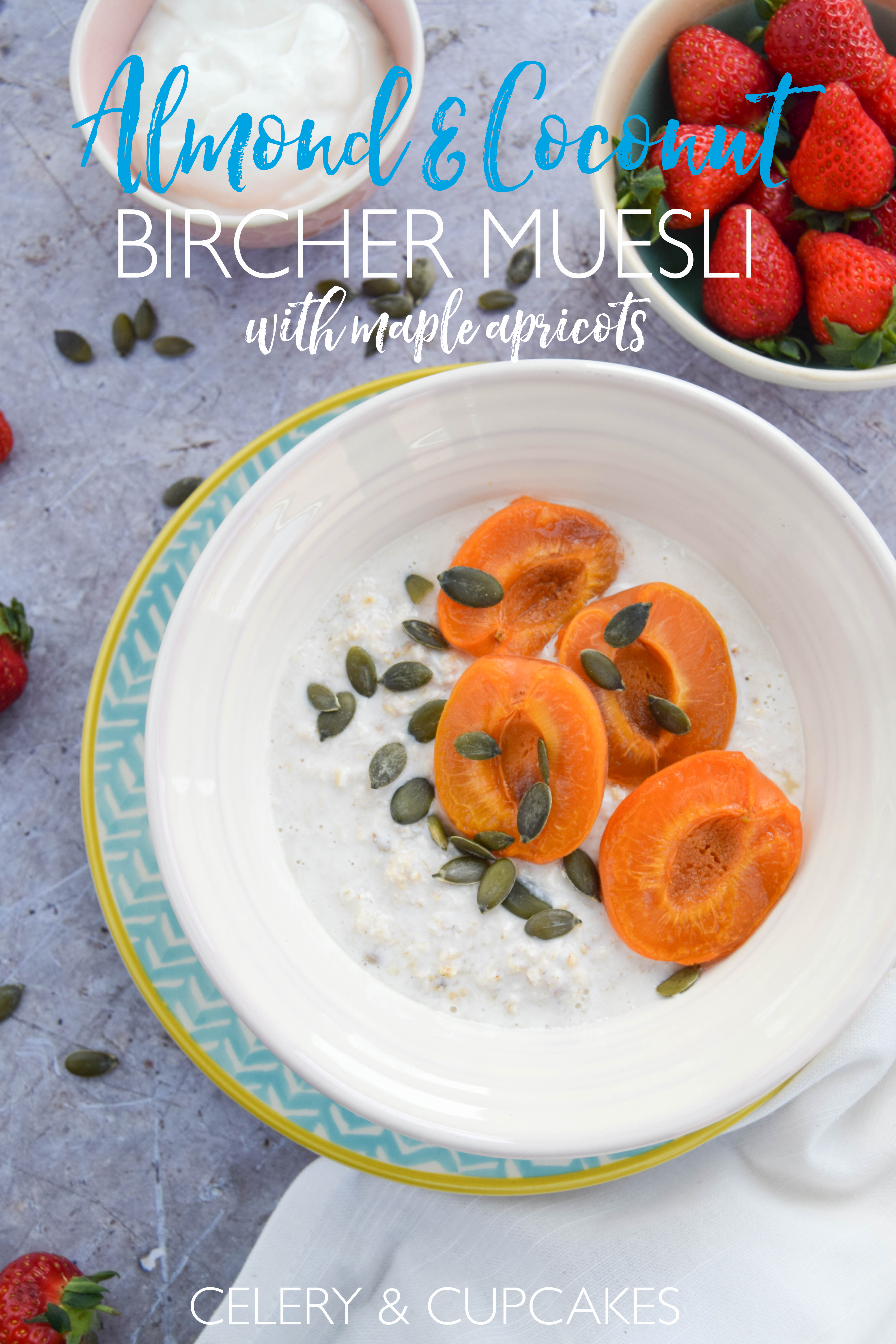 A creamy and cool bircher muesli recipe made with almonds and coconut and topped with sweet and sticky maple apricots. The perfect summer breakfast!
