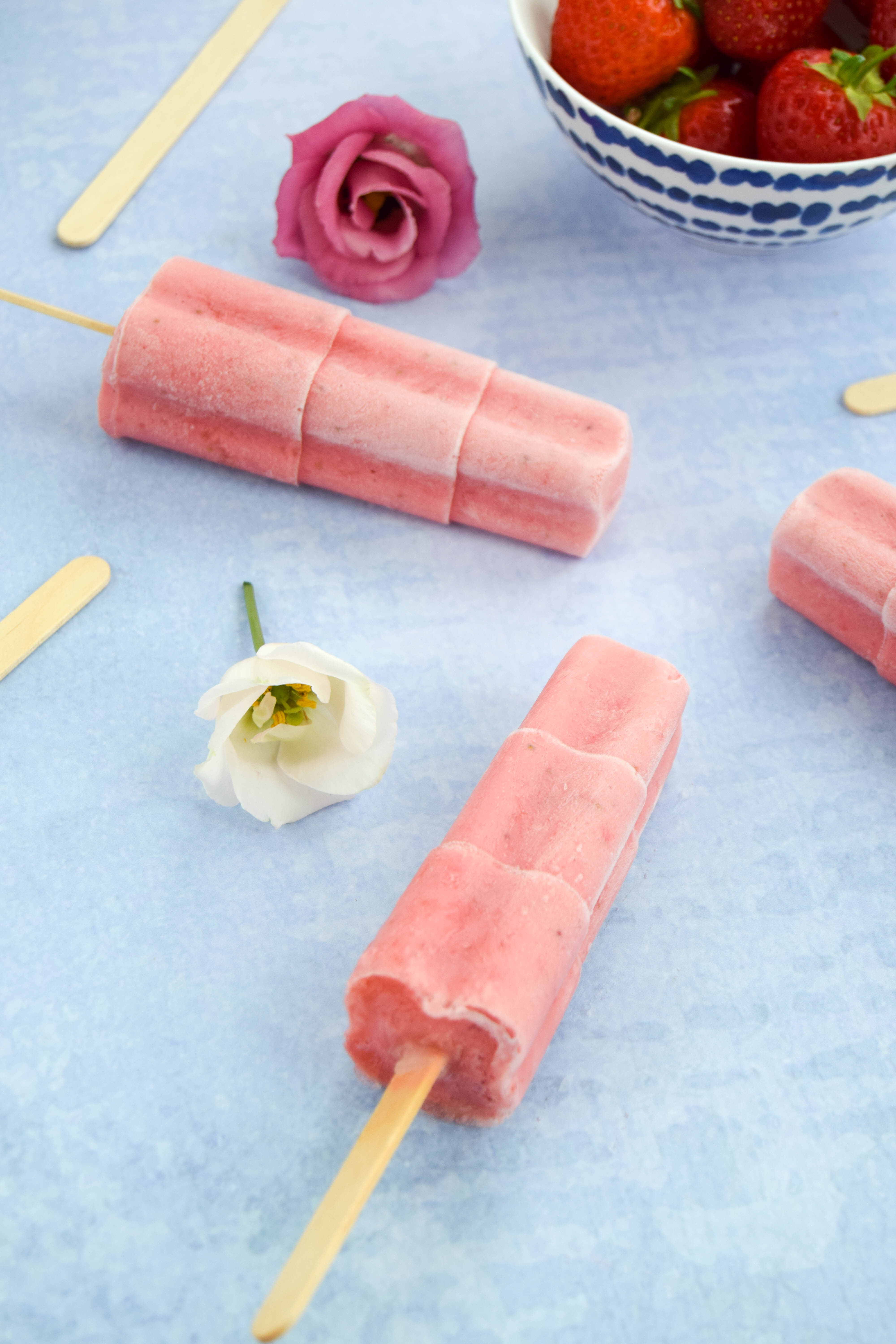 Fruity and refreshing homemade popsicles made using watermelon, strawberries, and quark that is naturally fat-free and high in protein. Fruity and refreshing homemade popsicles made using watermelon, strawberries, and quark that is naturally fat-free and high in protein.