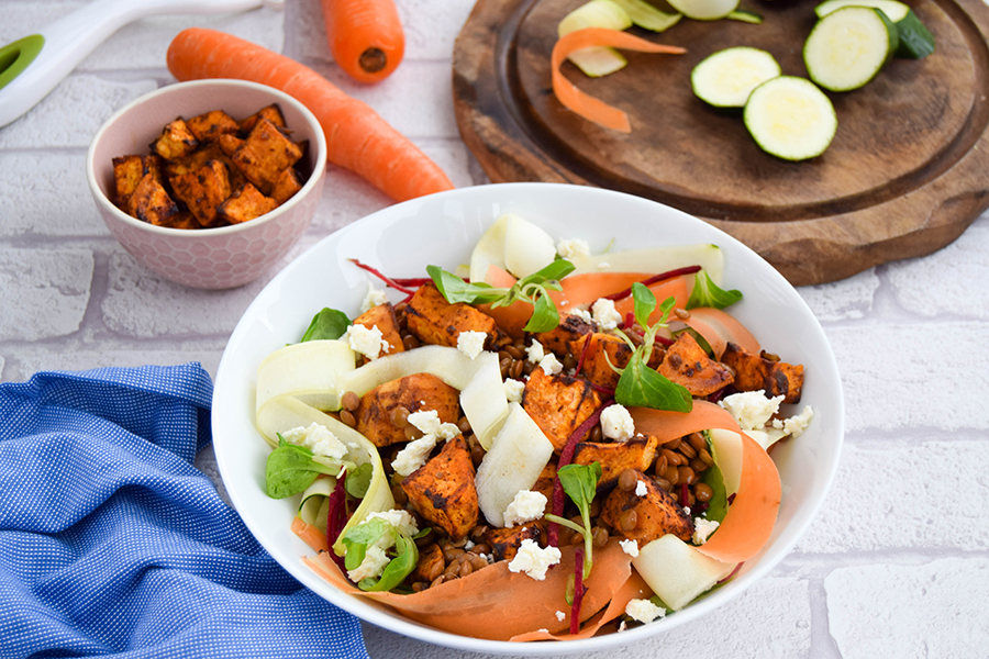 Lentil & Feta Ribbon Salad With Ras El Hanout Sweet Potatoes