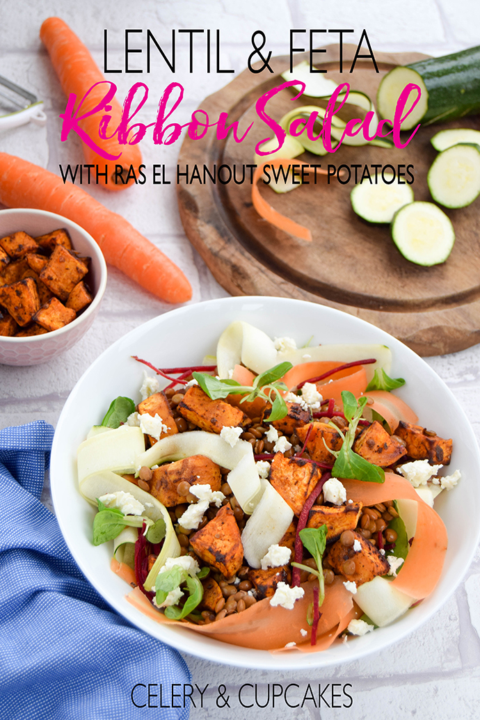 Are you stuck in a lunch time food rut? Change things up with this wholesome lentil ribbon salad with feta and ras el hanout sweet potatoes.