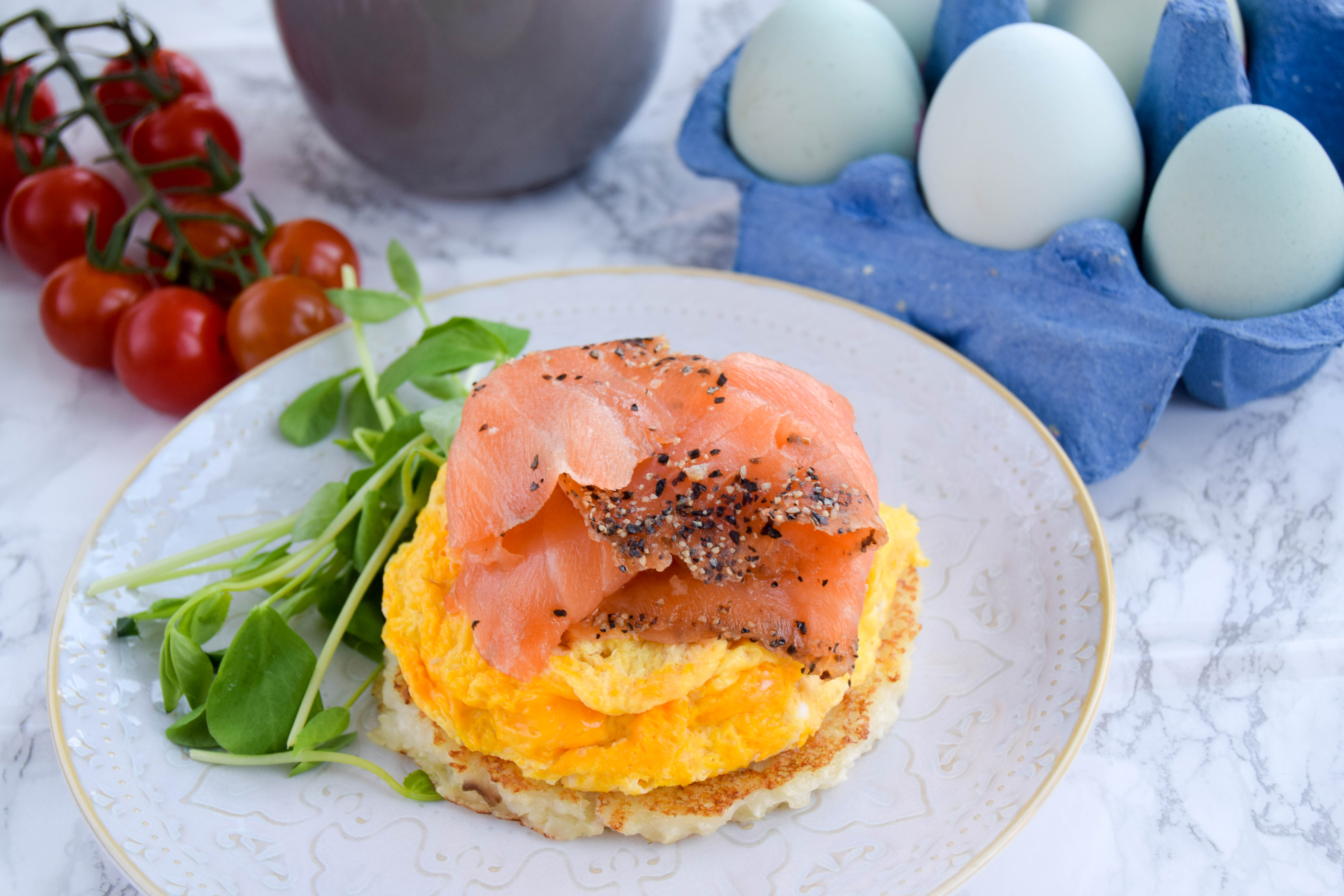 Potato Rosti With Scrambled Eggs & Lemon Pepper Smoked Salmon