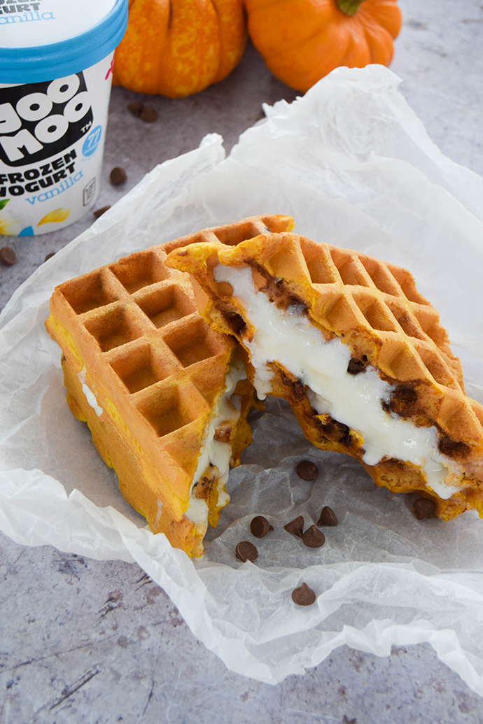 Pumpkin filled waffles cooked with chocolate chips and sandwiched together with deliciously creamy vanilla frozen yoghurt.