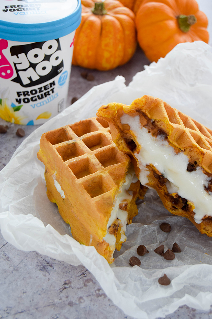 Pumpkin filled waffles cooked with chocolate chips and sandwiched together with deliciously creamy vanilla frozen yoghurt.