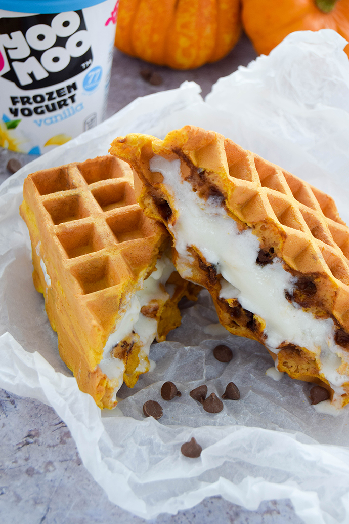 Pumpkin filled waffles cooked with chocolate chips and sandwiched together with deliciously creamy vanilla frozen yoghurt.