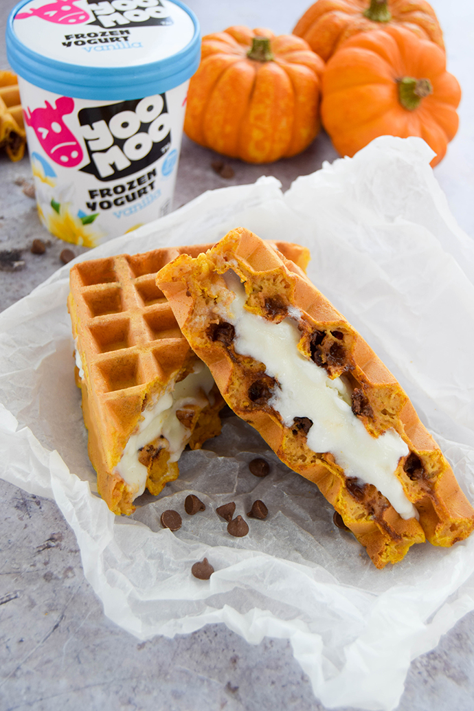 Pumpkin filled waffles cooked with chocolate chips and sandwiched together with deliciously creamy vanilla frozen yoghurt.