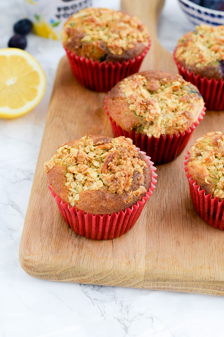 Blueberry & Lemon Yoghurt Streusel Muffins are light and fluffy in texture, full of fresh summery flavours with a crumbly oat and almond streusel topping. They're perfect to take on a picnic or as an afternoon treat to share with friends and family with tea or coffee.