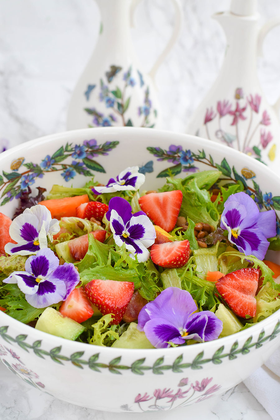 Summer Strawberry & Peach Lentil Salad for a simple and quick idea for lunch, a side dish or an easy portable idea to take along to a sunny picnic.&nbsp; This chopped salad is full of the flavours of summer with the sweet and juicy strawberries and peaches balanced with the rustic and hearty green lentils.