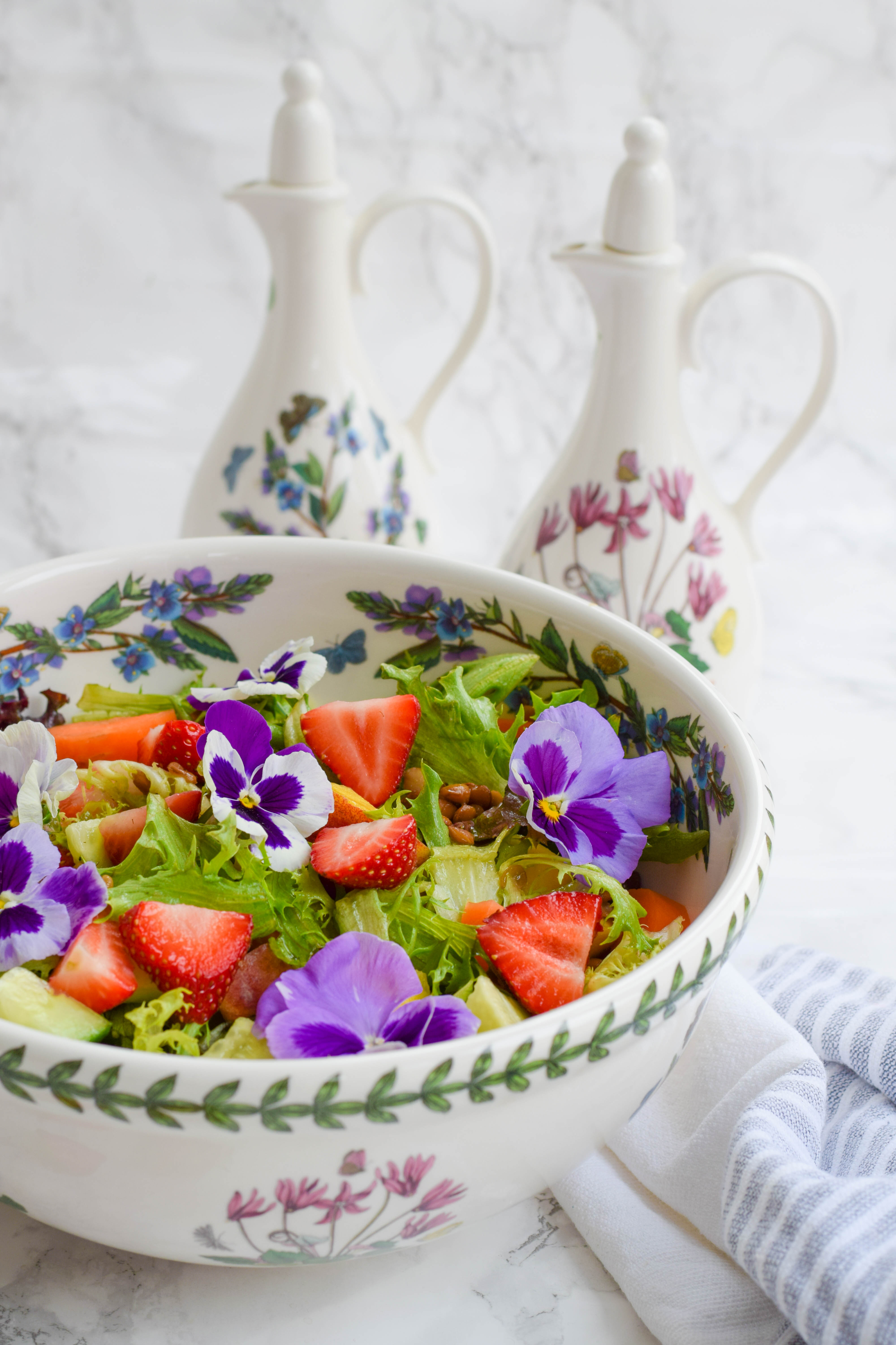 Summer Strawberry & Peach Lentil Salad for a simple and quick idea for lunch, a side dish or an easy portable idea to take along to a sunny picnic.&nbsp; This chopped salad is full of the flavours of summer with the sweet and juicy strawberries and peaches balanced with the rustic and hearty green lentils.