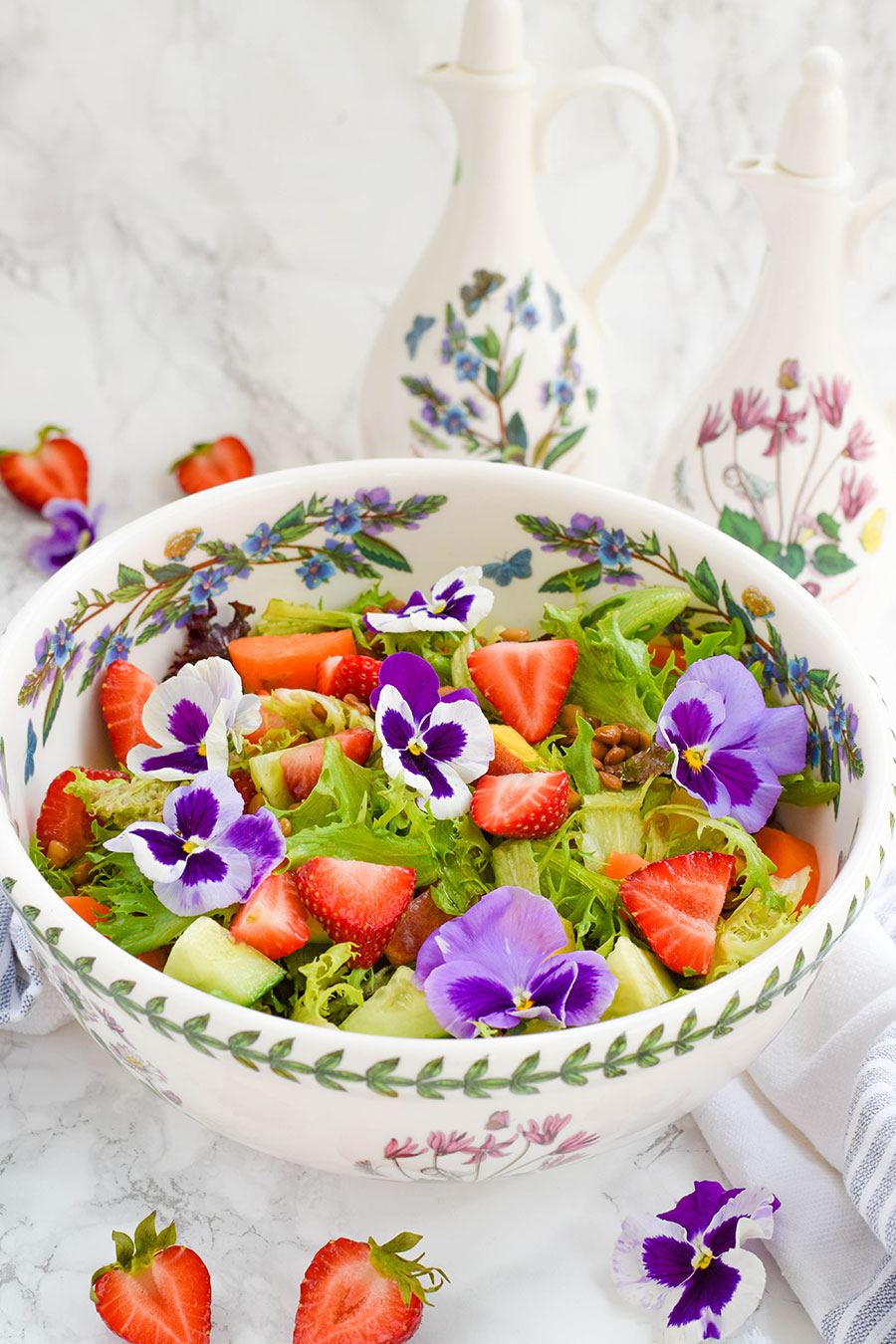 Summer Strawberry & Peach Lentil Salad for a simple and quick idea for lunch, a side dish or an easy portable idea to take along to a sunny picnic.&nbsp; This chopped salad is full of the flavours of summer with the sweet and juicy strawberries and peaches balanced with the rustic and hearty green lentils.