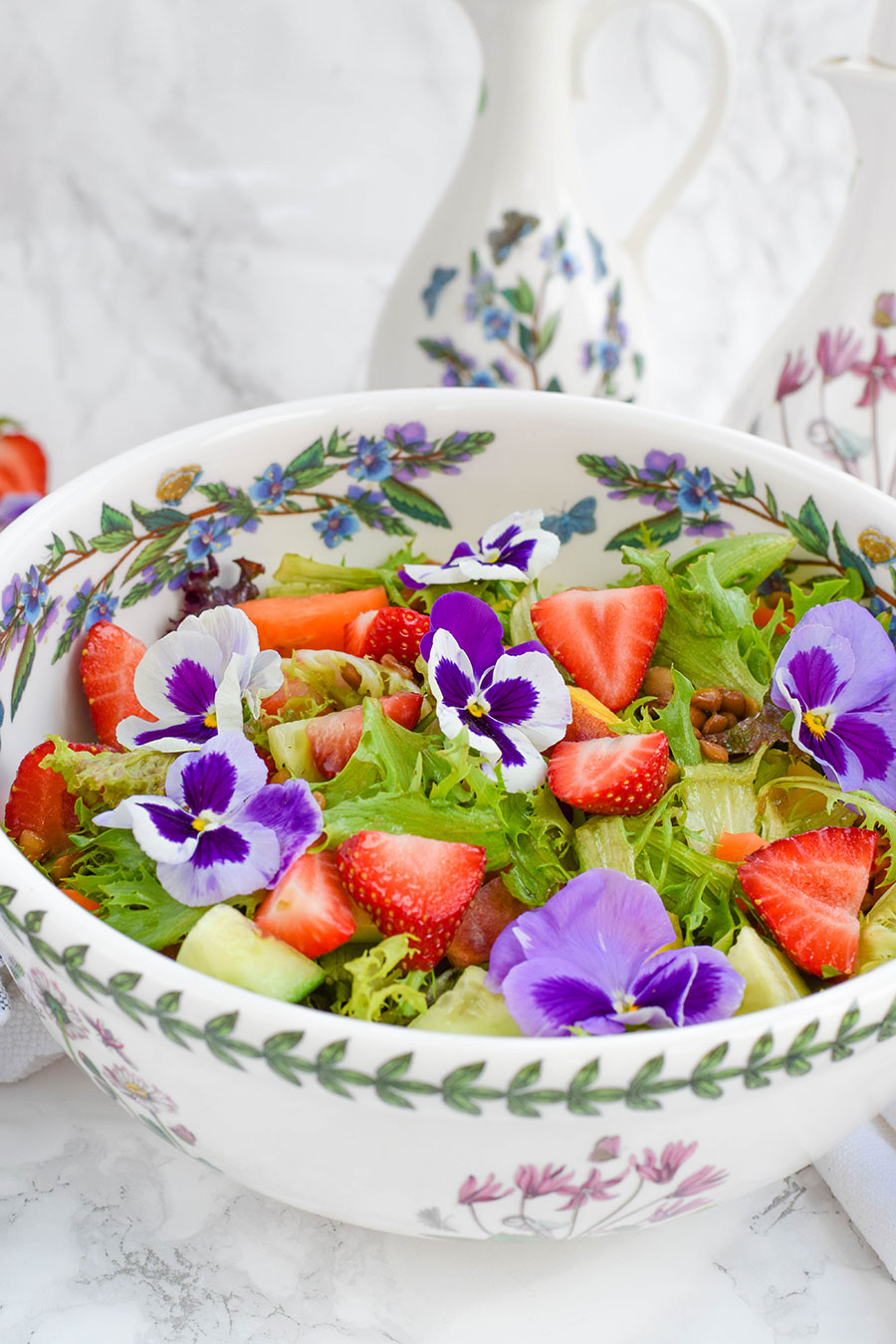 Summer Strawberry & Peach Lentil Salad for a simple and quick idea for lunch, a side dish or an easy portable idea to take along to a sunny picnic.&nbsp; This chopped salad is full of the flavours of summer with the sweet and juicy strawberries and peaches balanced with the rustic and hearty green lentils.