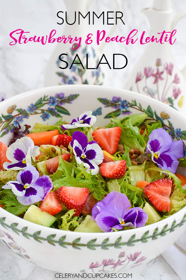 Summer Strawberry & Peach Lentil Salad for a simple and quick idea for lunch, a side dish or an easy portable idea to take along to a sunny picnic.&nbsp; This chopped salad is full of the flavours of summer with the sweet and juicy strawberries and peaches balanced with the rustic and hearty green lentils.