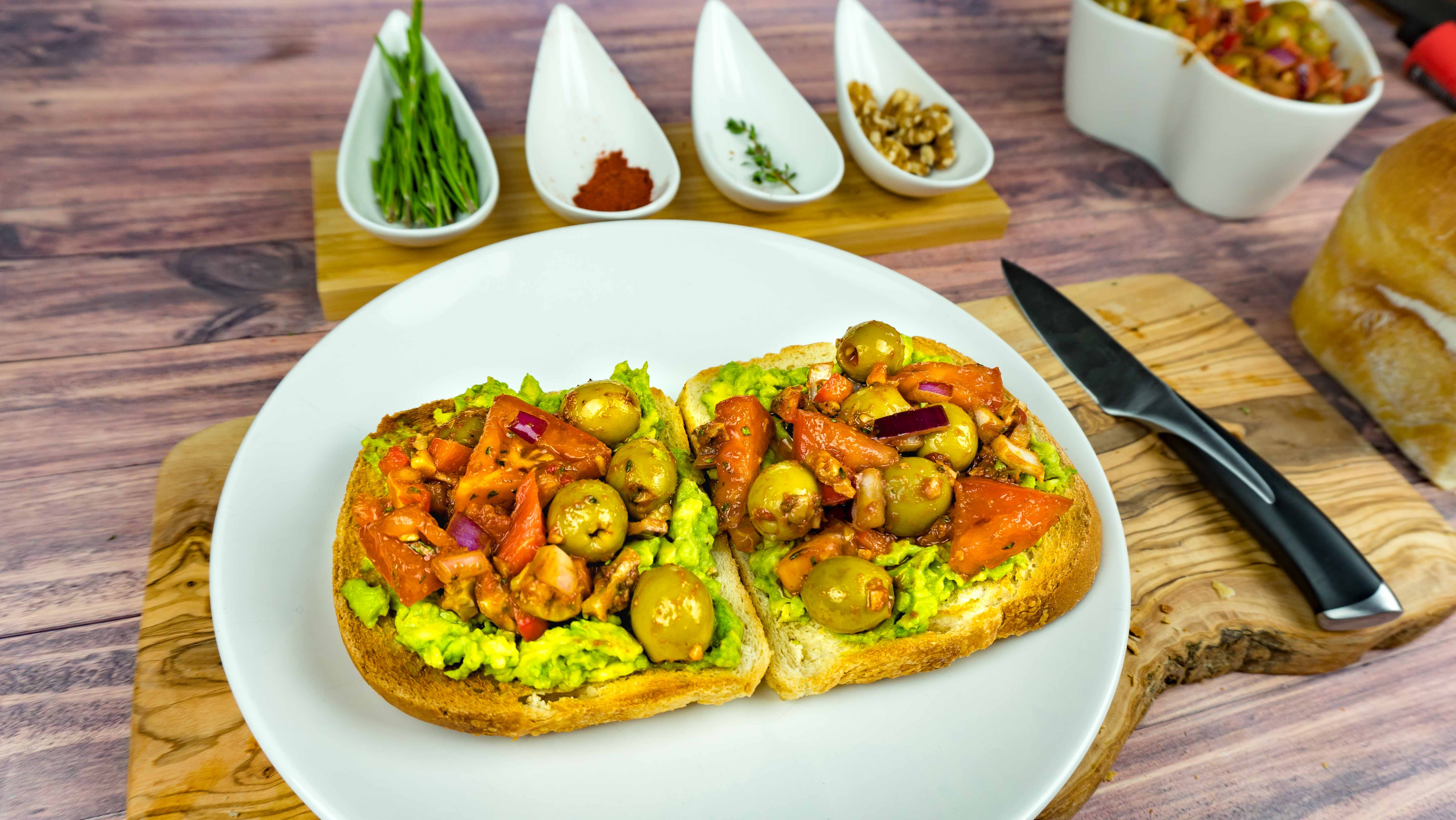Piquillo Pepper Olive Salsa & Smashed Avocado on Toast