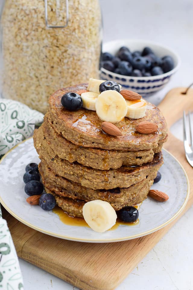 Blender Banana Oat Pancakes are super easy to whip up and make a fantastic breakfast option. They're naturally sweetened with banana and use no flour.&nbsp; Go heavy on the toppings like maple syrup, chopped banana, blueberries and almonds.&nbsp;